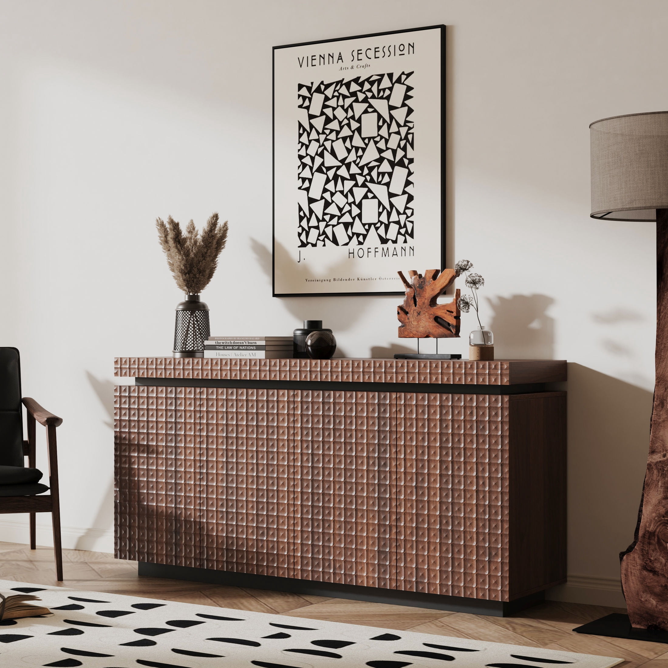 Noble House Dyani 58.3" Modern Accent Storage Sideboard with Fold-Out Doors, Kitchen Buffet Cabinet, Antique Brown