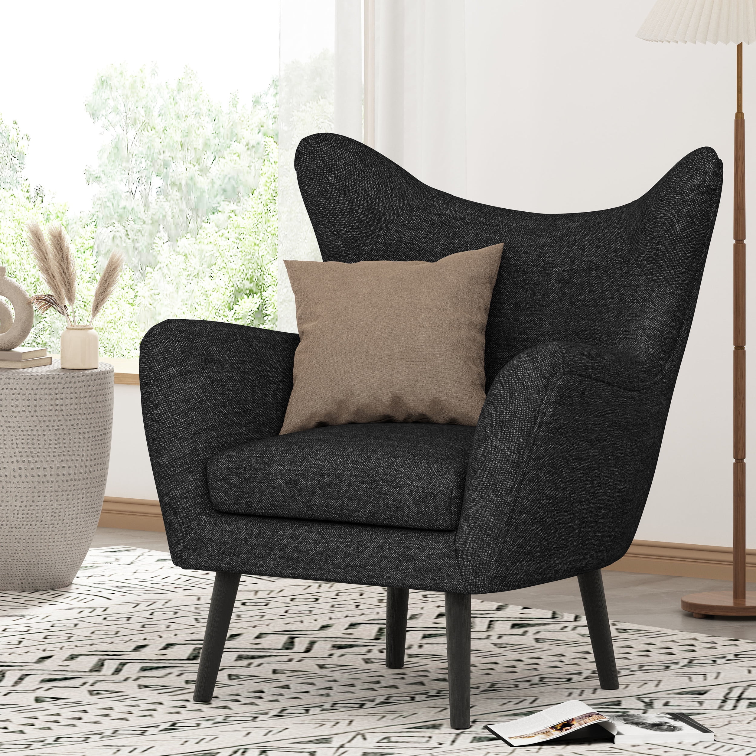 Fabric Wingback Club Chair Black Textured Tweed and Black 317931