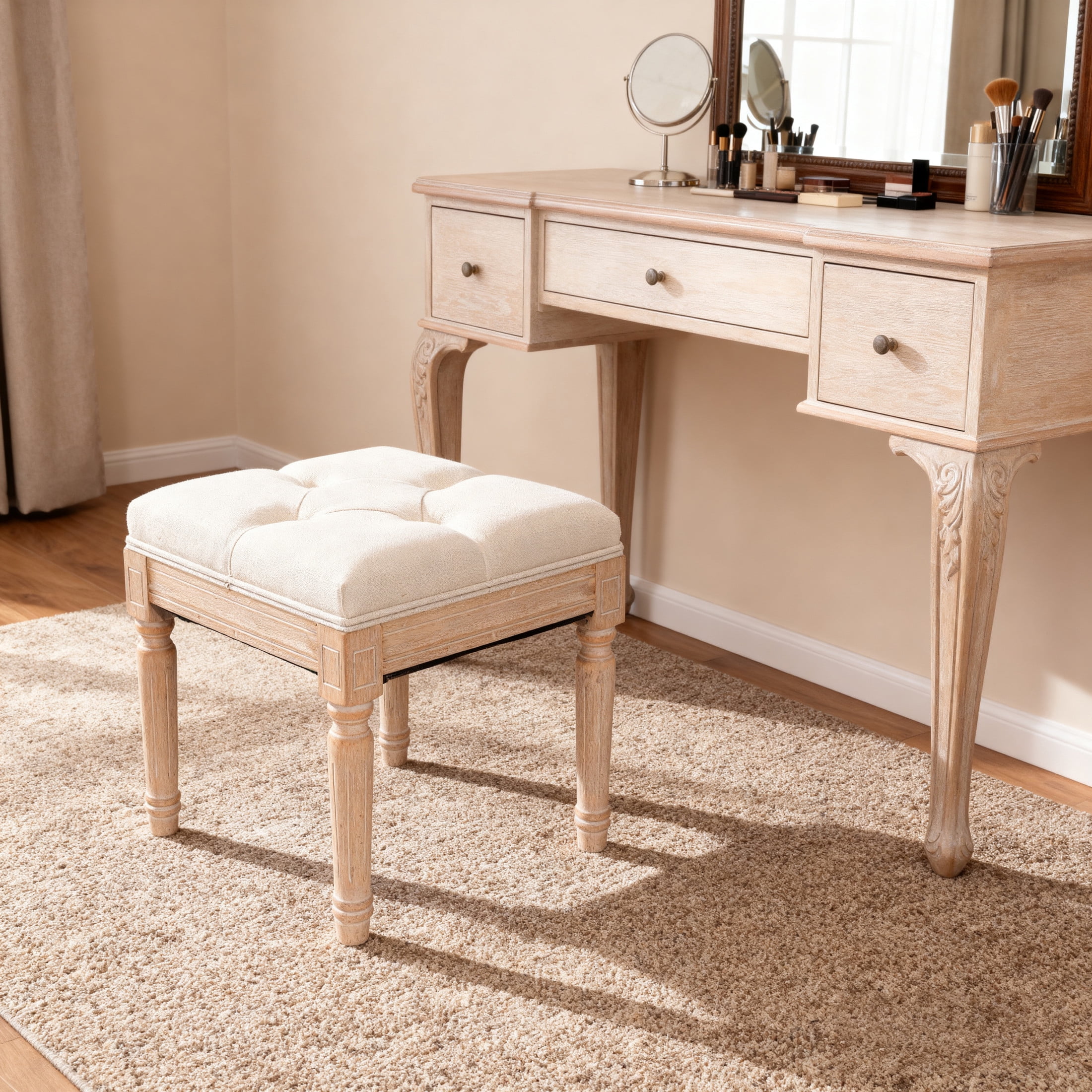 Noble House Edwin 16" Square Upholstered Ottoman Bench with Wood Legs, Rustic Vanity Stools for Bedroom, Beige