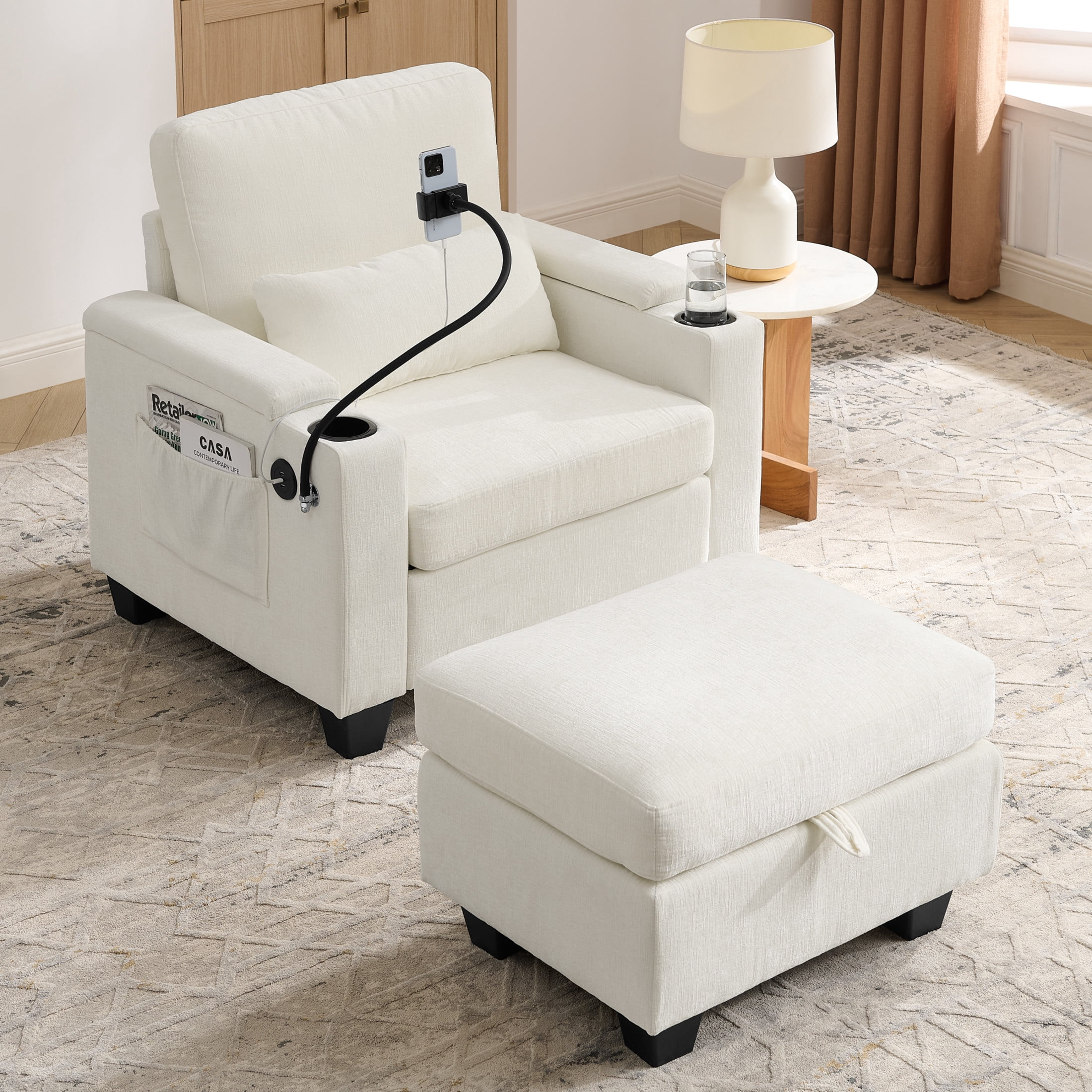 Noble House Edwin Chenille Manual Recliner Chair with Ottoman, Hidden Storage & Cup Holders, Reading Single Sofa, Beige