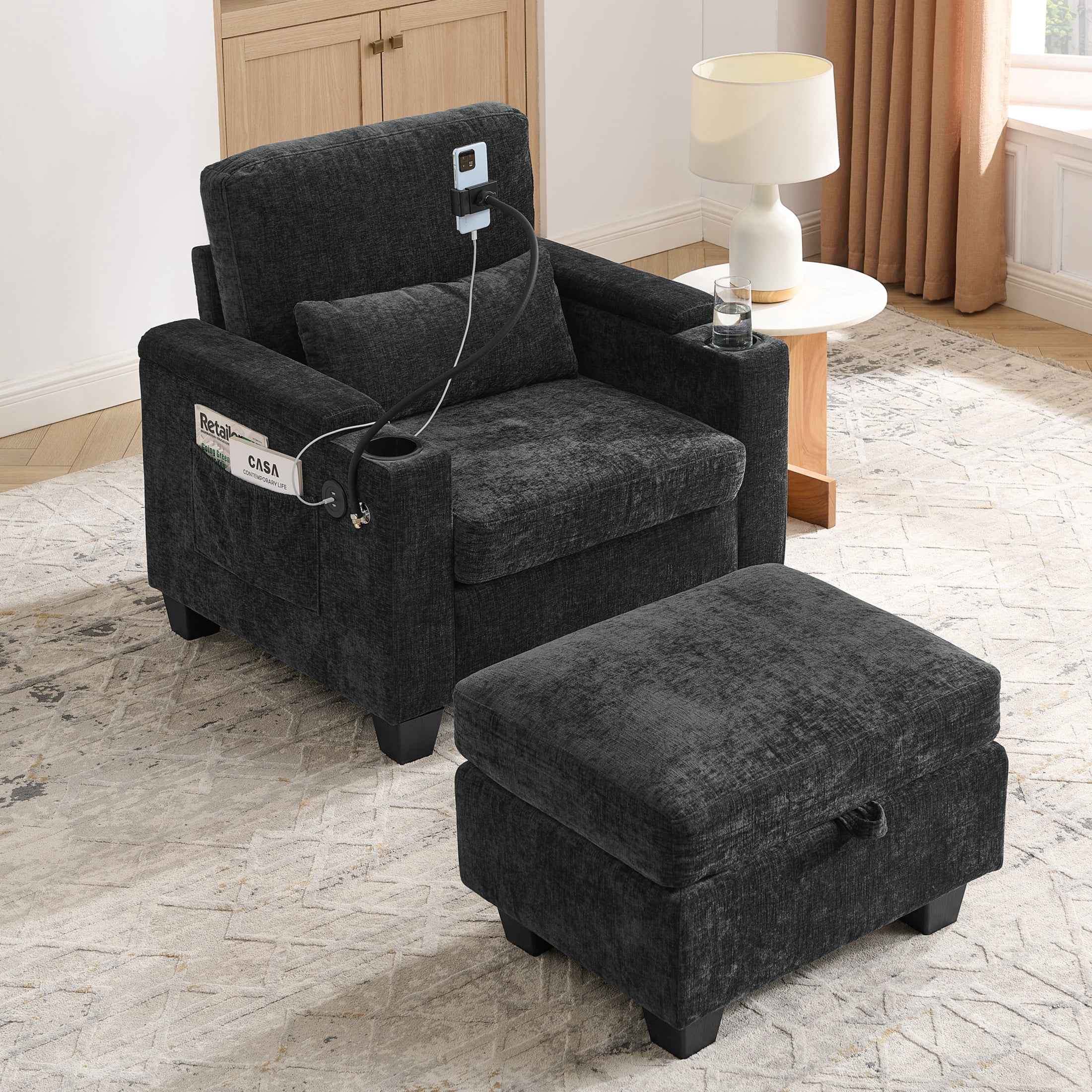 Noble House Edwin Chenille Manual Recliner Chair with Ottoman, Hidden Storage & Cup Holders, Reading Single Sofa, Black