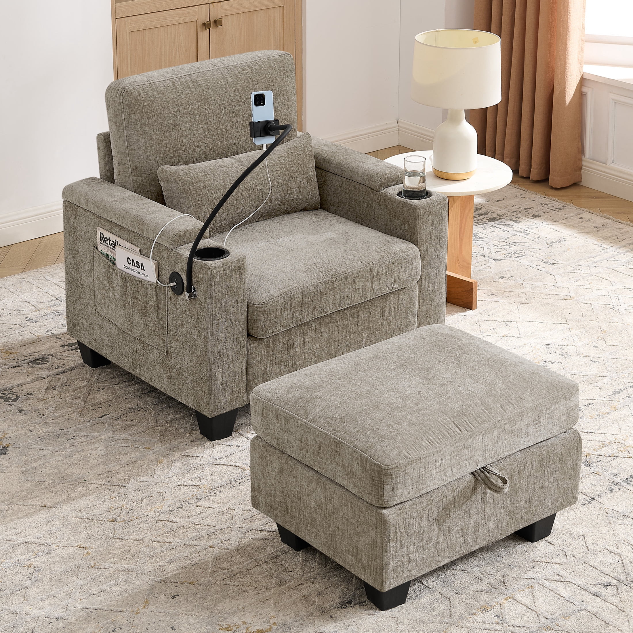 Noble House Edwin Chenille Manual Recliner Chair with Ottoman, Hidden Storage & Cup Holders, Reading Single Sofa, Brown