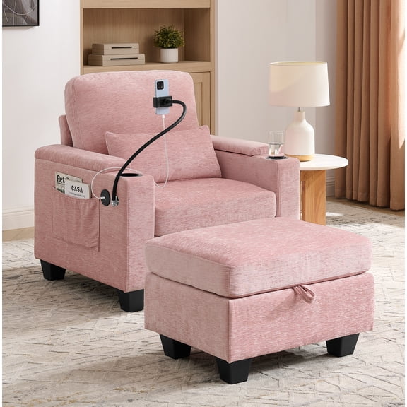 Noble House Edwin Chenille Manual Recliner Chair with Ottoman, Hidden Storage & Cup Holders, Reading Single Sofa, Pink