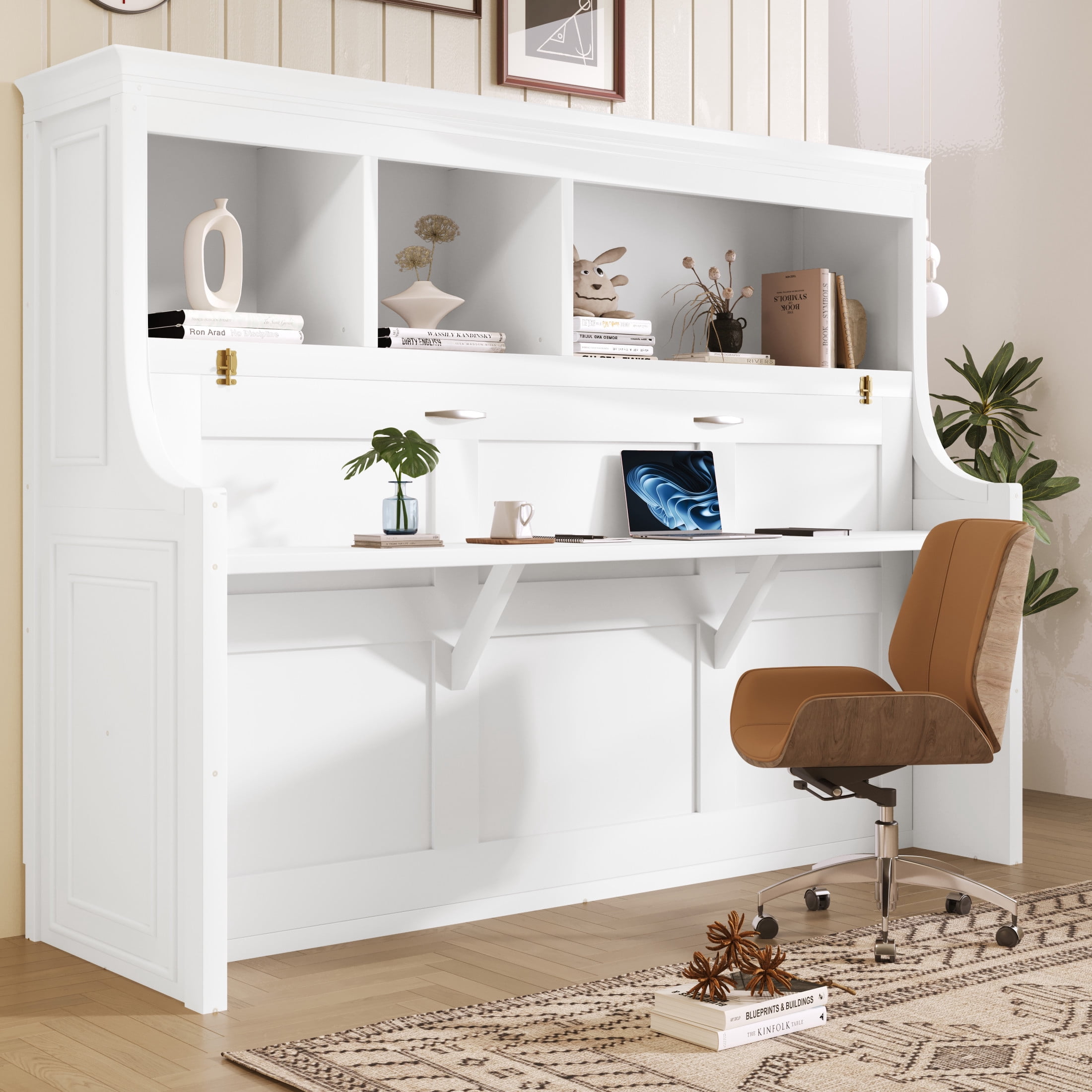 Noble House Eileen Twin Size Murphy Bed with Fold Down Desk and Storage Shelves, Wall Bed, Space Saving, White