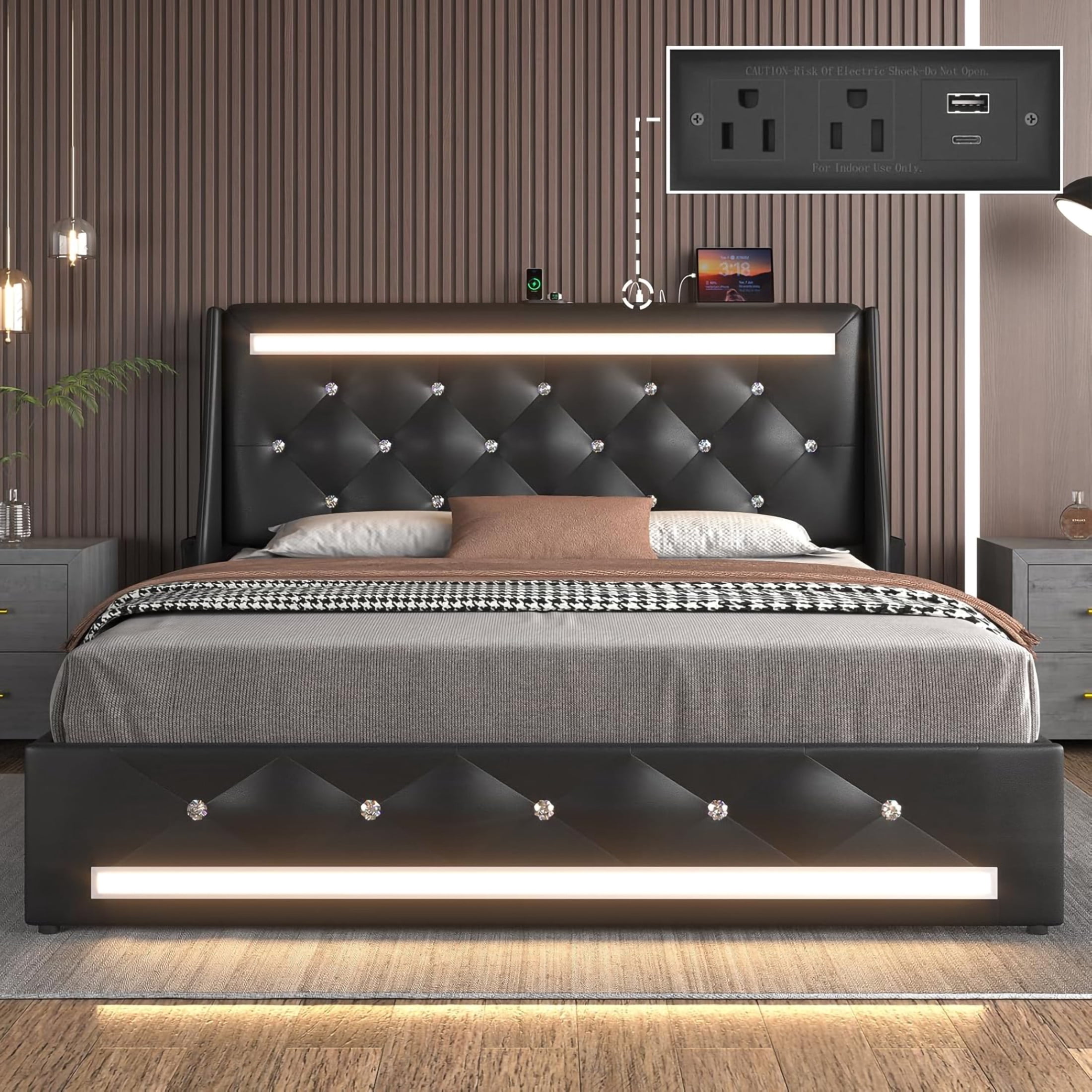 Noble House Eille Full Size Upholstered Bed Frame with LED Lights & Charging Station, Diamond Headboard, Black
