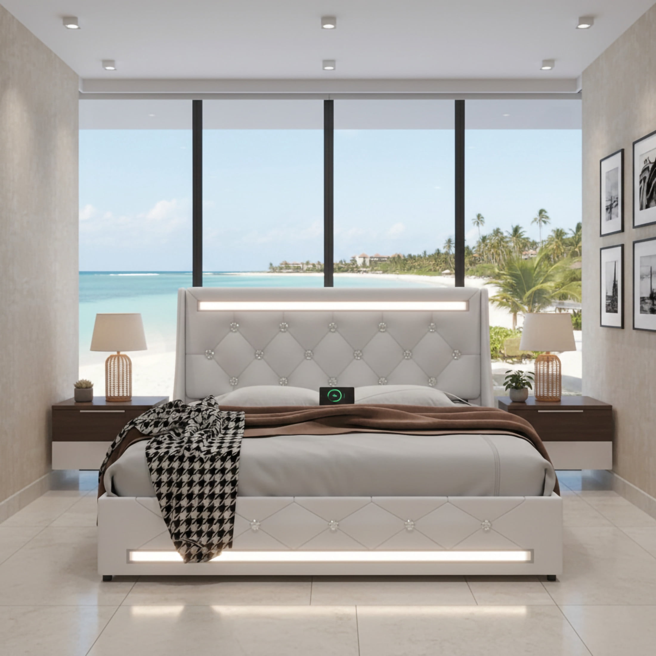 Noble House Eille Queen Size Upholstered Bed Frame with LED Lights & Charging Station, Diamond Headboard, White