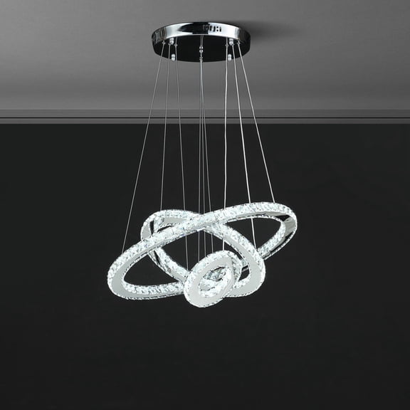Noble House Eira 17.25" Triple Hoop LED Crystal Chandelier, Stainless Base, Dimmable Remote, Adjustable Height, White