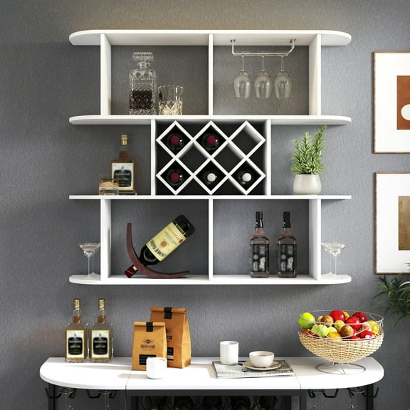 Noble House Eira 47.2" Wall-Mounted Wine Rack, Rustic Wood, 3 Tiers with Bottle Grid and Stemware Holder, White