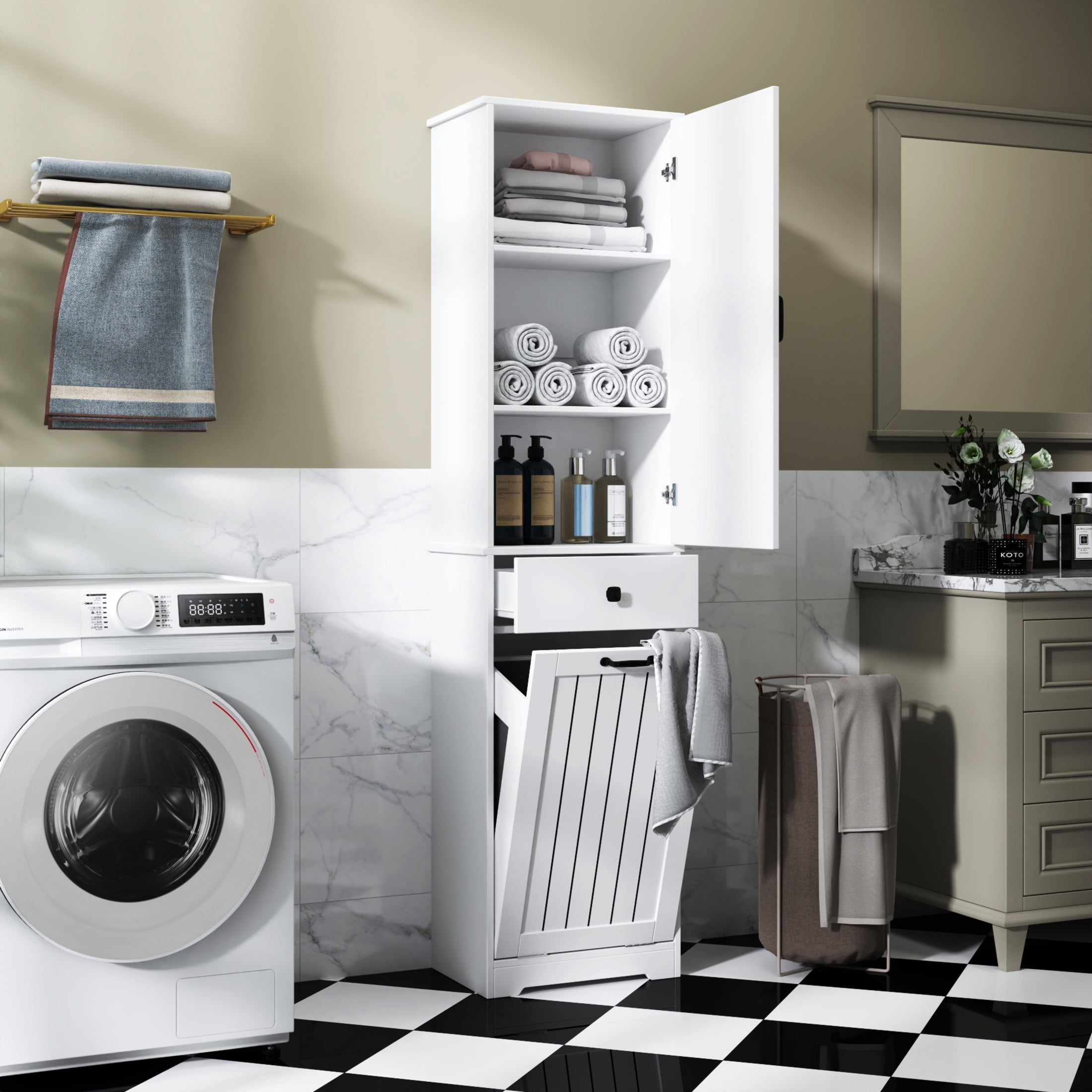 Noble House Eira 70.9" Laundry Cabinet, Drawer and Shelf, Pull-Out Hamper with Removable Bags, Slim Tower, White