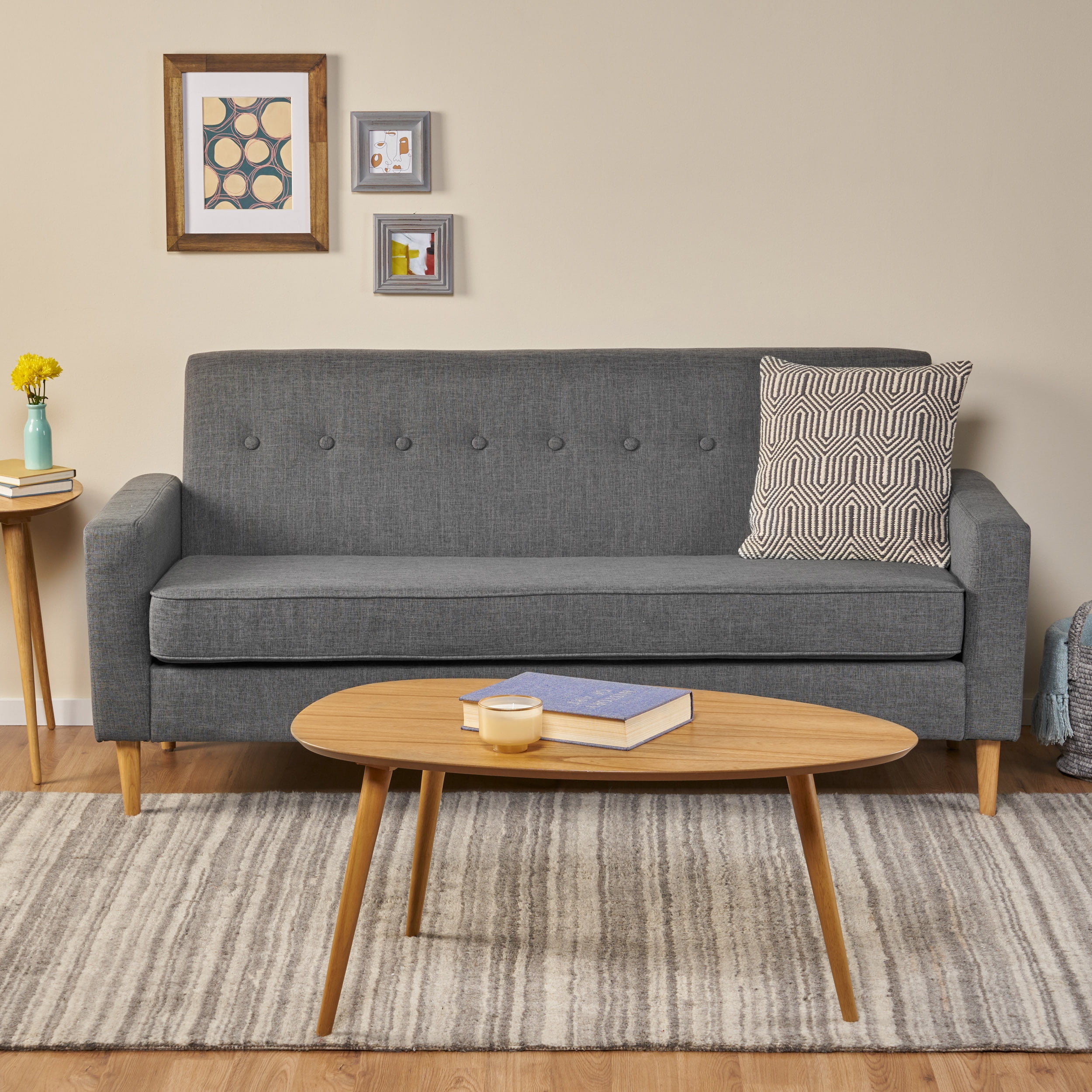 Noble House Elaina Fabric Button Tufted 3 Seater Sofa, Gray, Natural