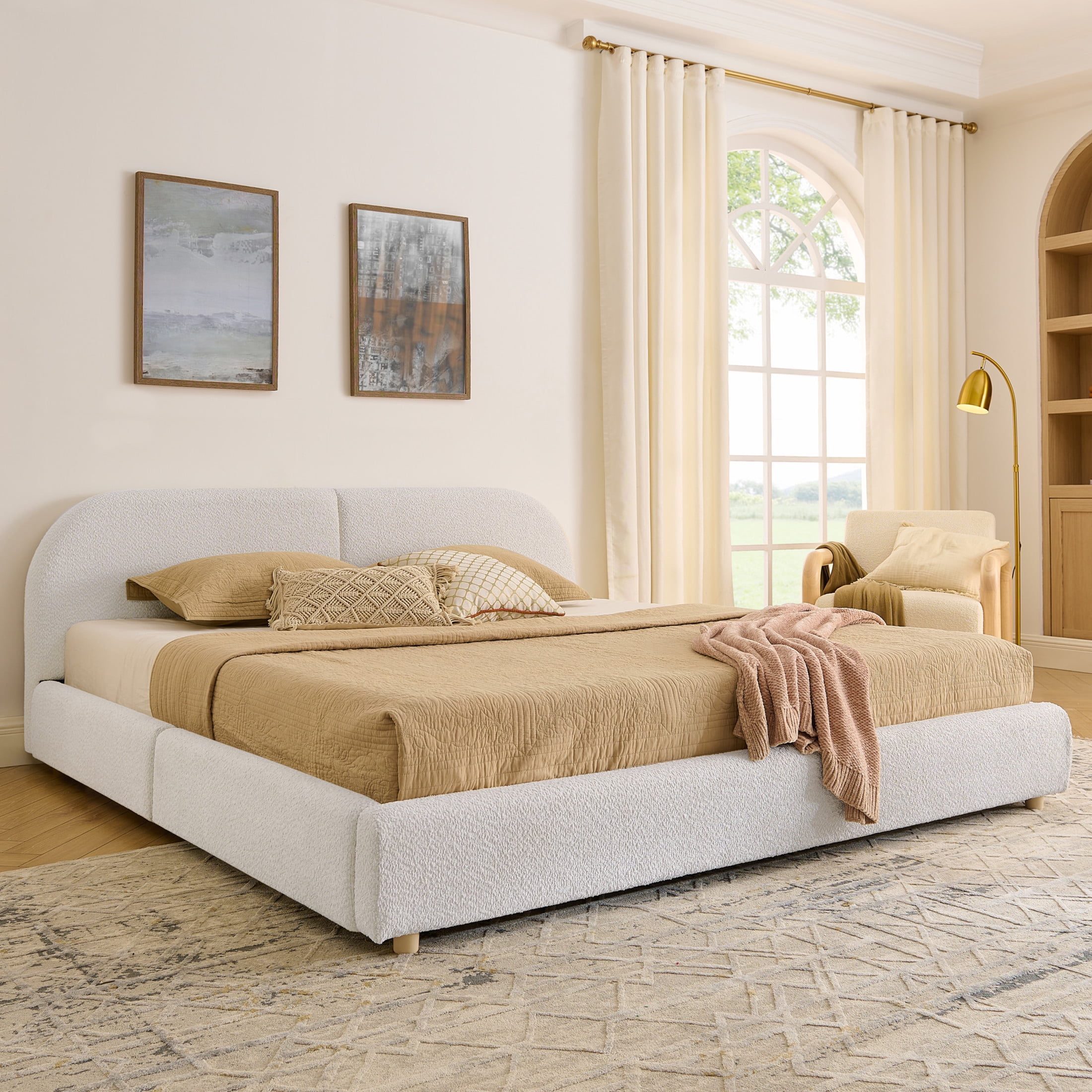 Noble House Elbert King Size Upholstered Bed Frame, Circle Yarn Tall Curved Headboard with Storage Drawers, Beige
