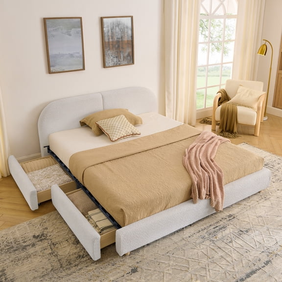 Noble House Elbert Queen Size Upholstered Bed Frame, Circle Yarn Tall Curved Headboard with Storage Drawers, Beige