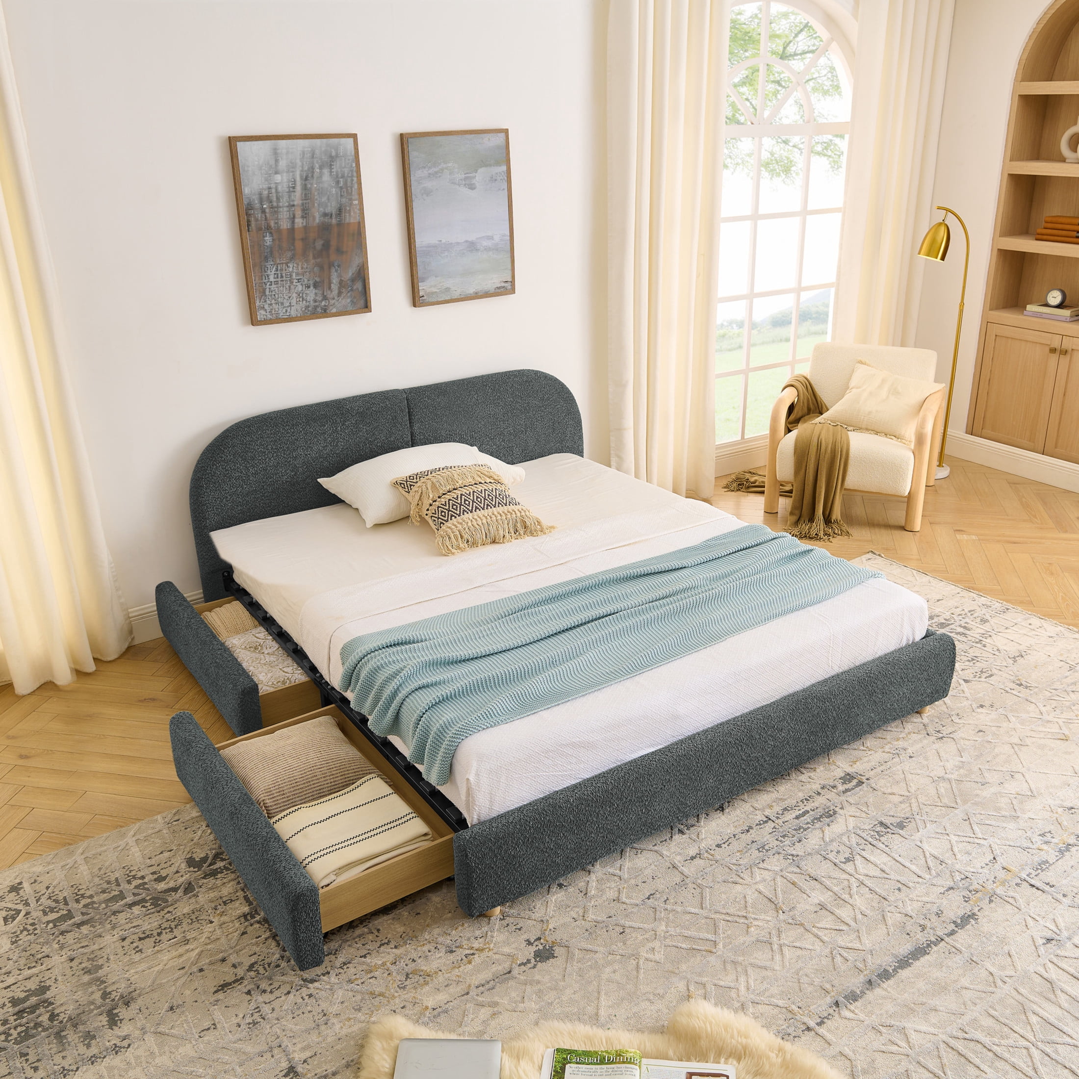 Noble House Elbert Queen Size Upholstered Bed Frame, Circle Yarn Tall Curved Headboard with Storage Drawers, Dark Gray