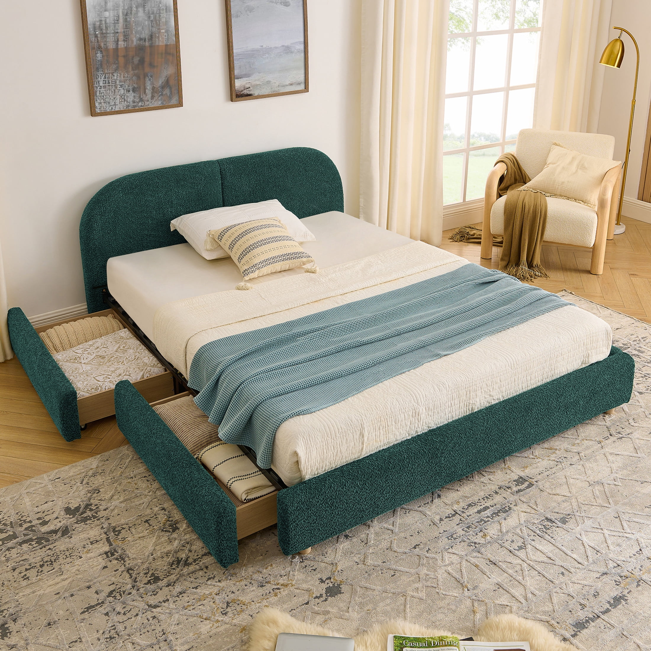 Noble House Elbert Queen Size Upholstered Bed Frame, Circle Yarn Tall Curved Headboard with Storage Drawers, Green