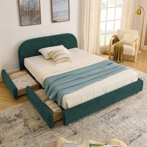 Noble House Elbert Queen Size Upholstered Bed Frame, Circle Yarn Tall Curved Headboard with Storage Drawers, Green