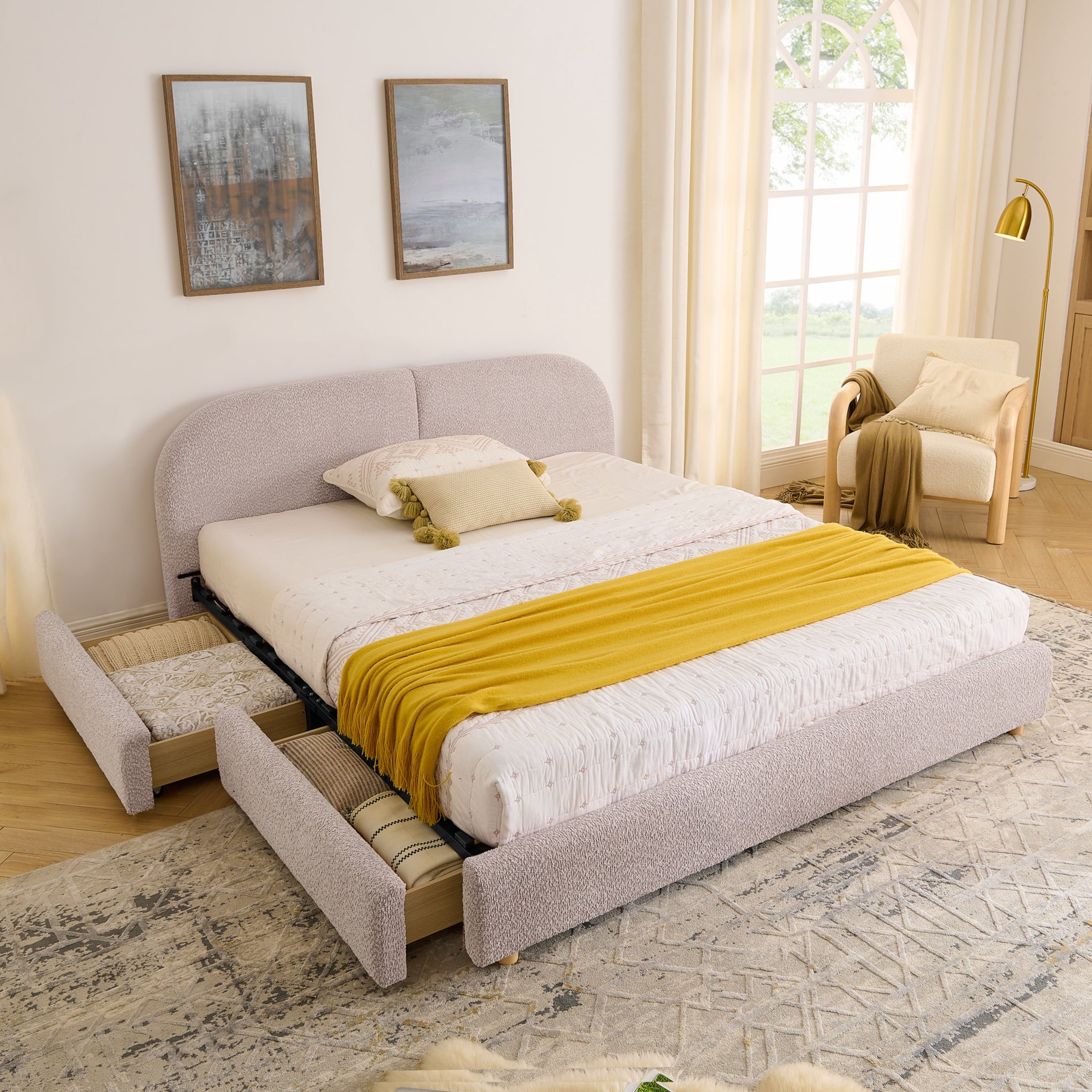 Noble House Elbert Queen Size Upholstered Bed Frame, Circle Yarn Tall Curved Headboard with Storage Drawers, Pink