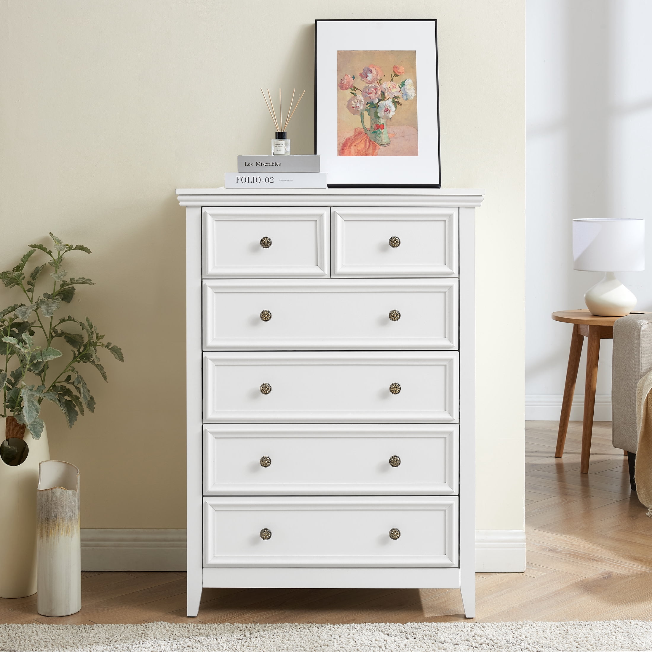Noble House Eldune Farmhouse 6-Drawer Dresser, Tall Clothes Storage Chest Organizer, for Bedroom, Hallway, White