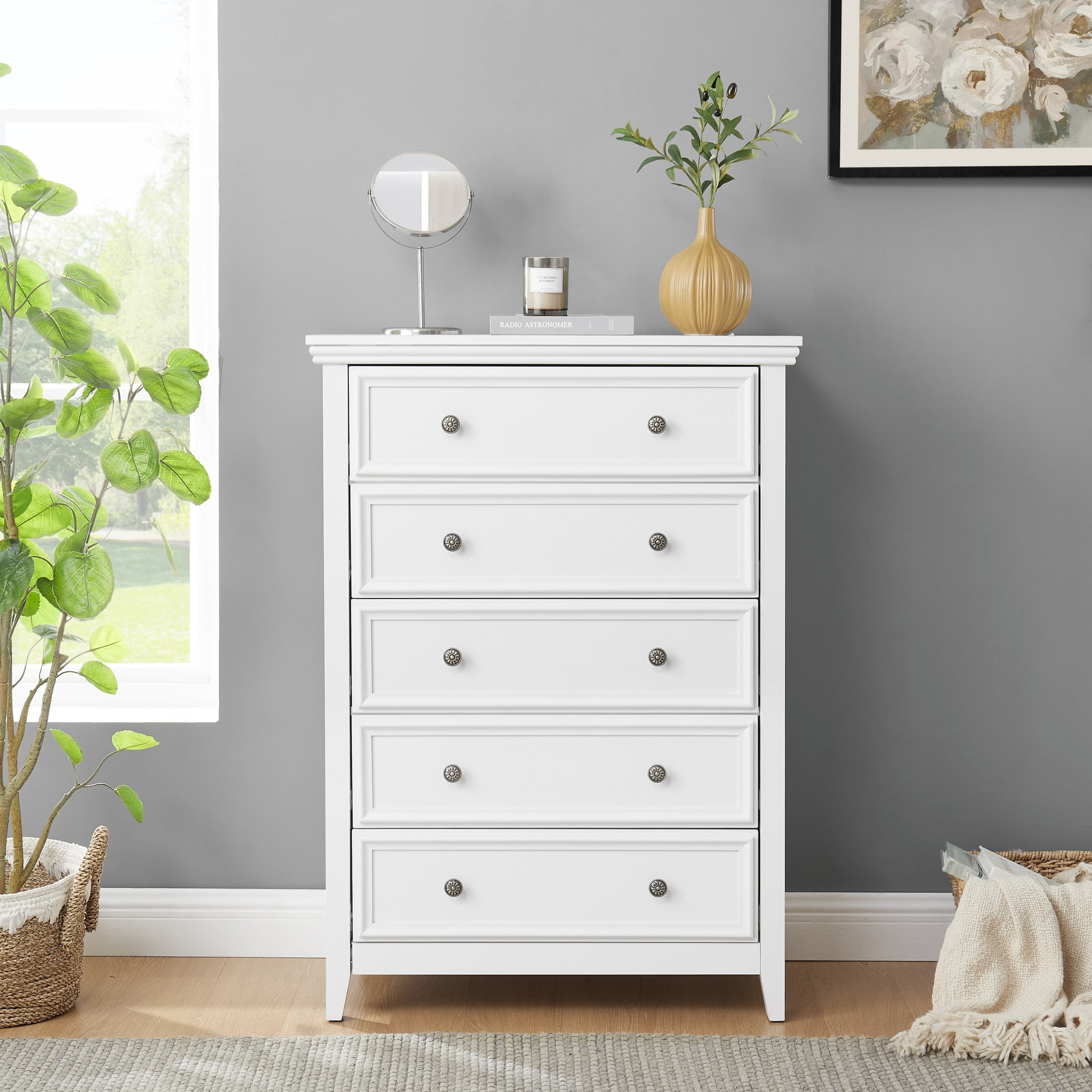 Noble House Eldune Modern Farmhouse 5-Drawer Dresser, Tall Clothes Storage Chest Organizer, for Living Room, White