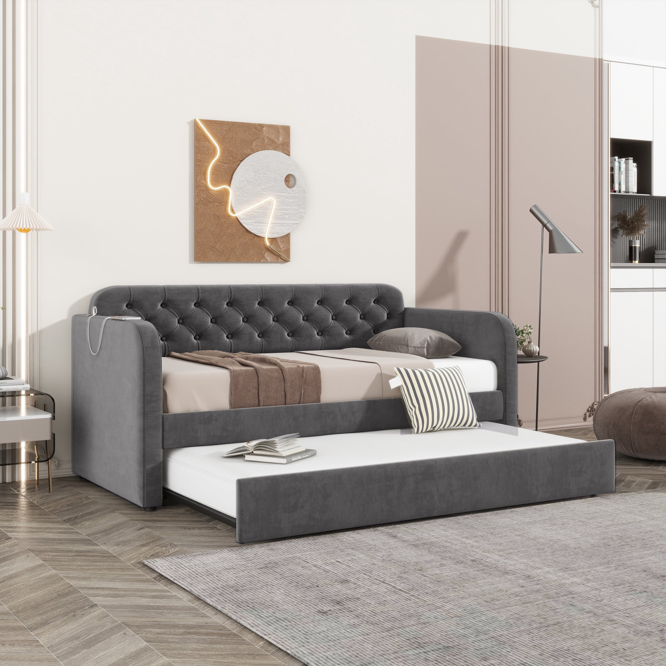 Noble House Eleanor 82" Twin Velvet Upholstered Daybed with Trundle, Tufted Wingback Sofa Bed with USB, Dark Gray