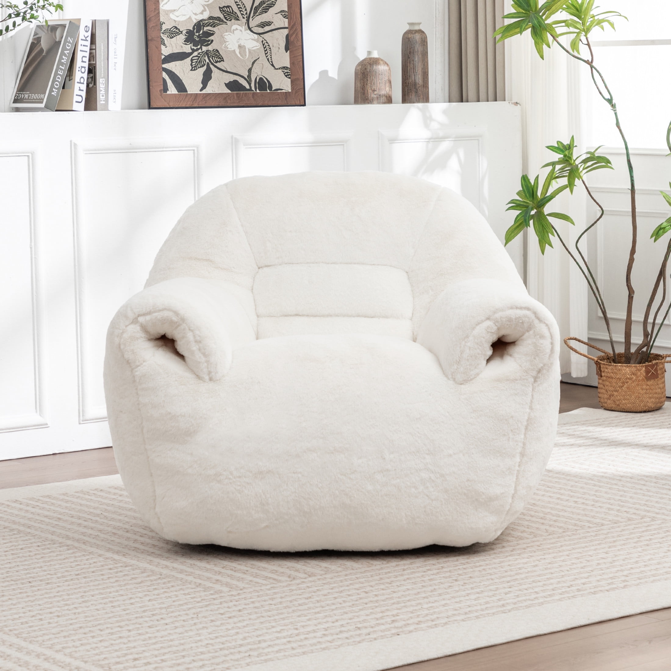 Noble House Eleanor Faux Fur Bean Bag Chair, Comfy Stuffed Floor Lounge Sofa with Back Support for Living Room, White
