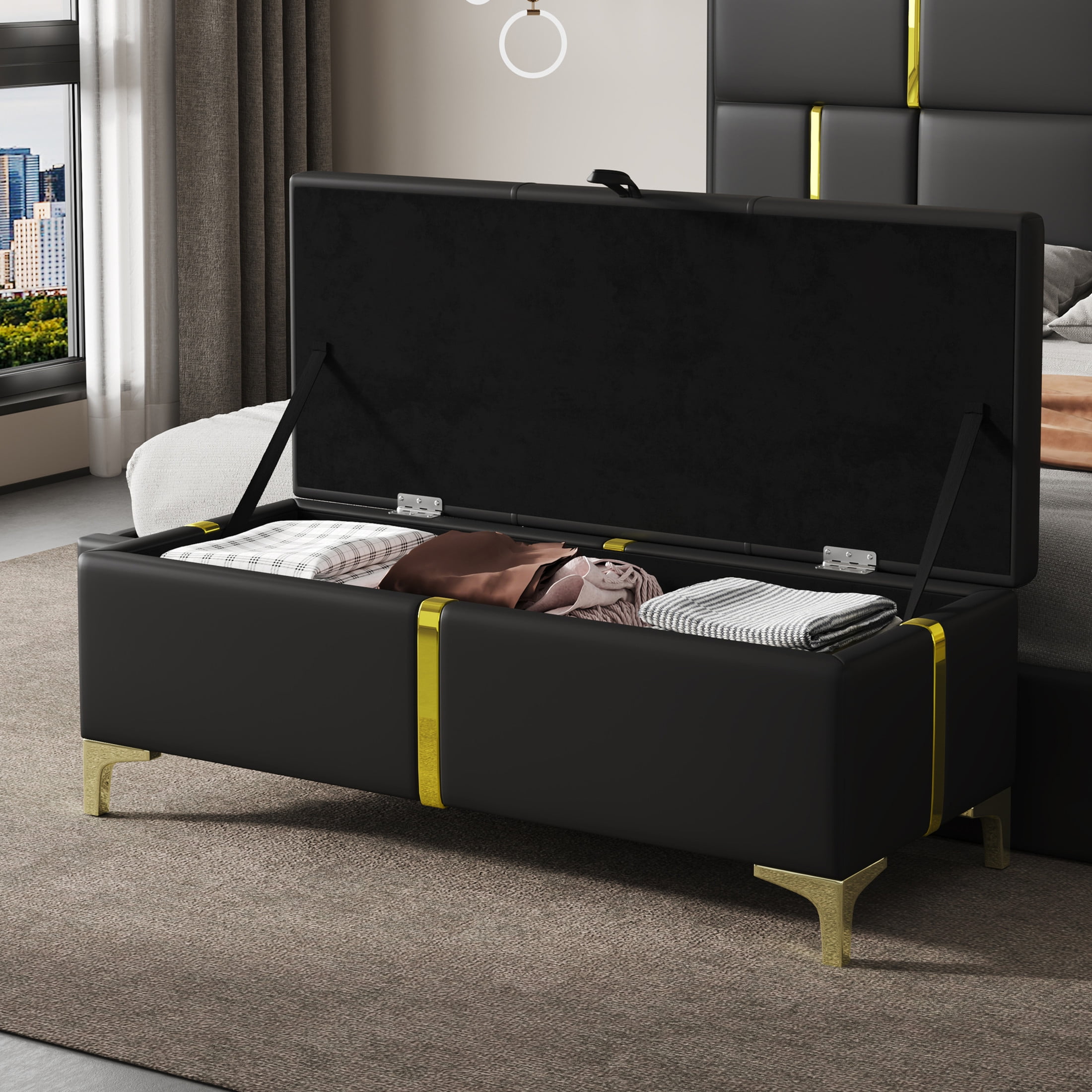 Noble House Elegant Upholstered Storage Ottoman Bench with Metal Legs, Bedroom & Living Room Storage Seat, Black