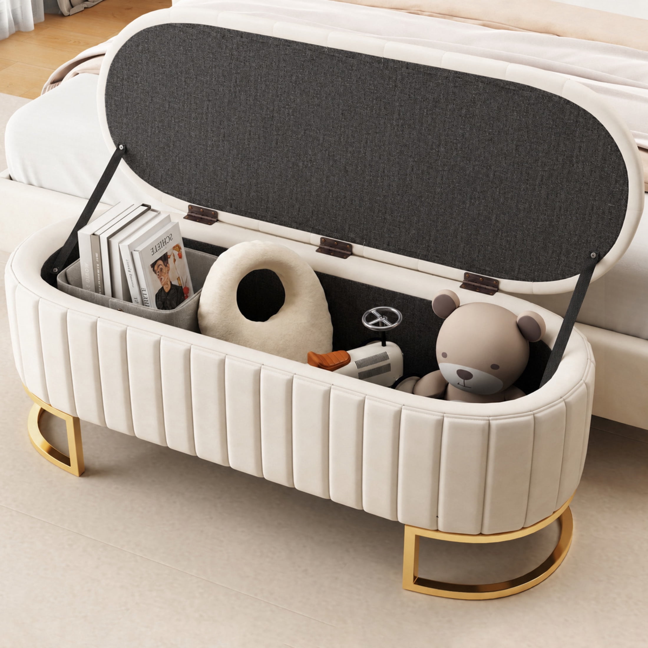 Noble House Elegant Upholstered Velvet Storage Ottoman with Button-Tufted Design, Storage Bench with Metal Legs,Beige