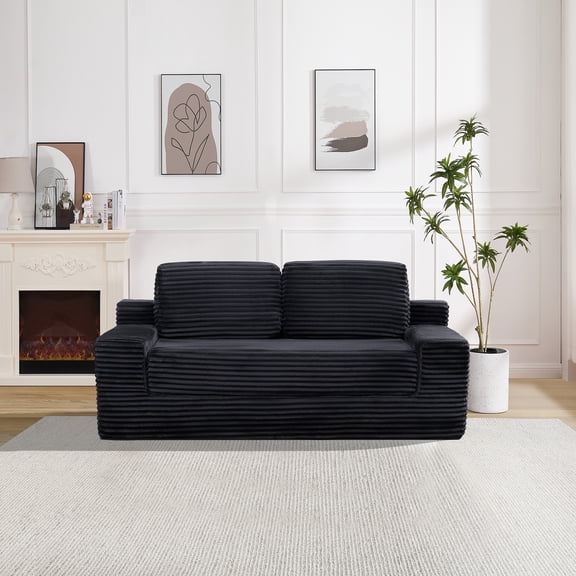 Noble House Elen 71" Corduroy Cloud Double Sofa, 2-in-1 Convertible Floor Sofa Bed, for Living Room, Apartment, Black