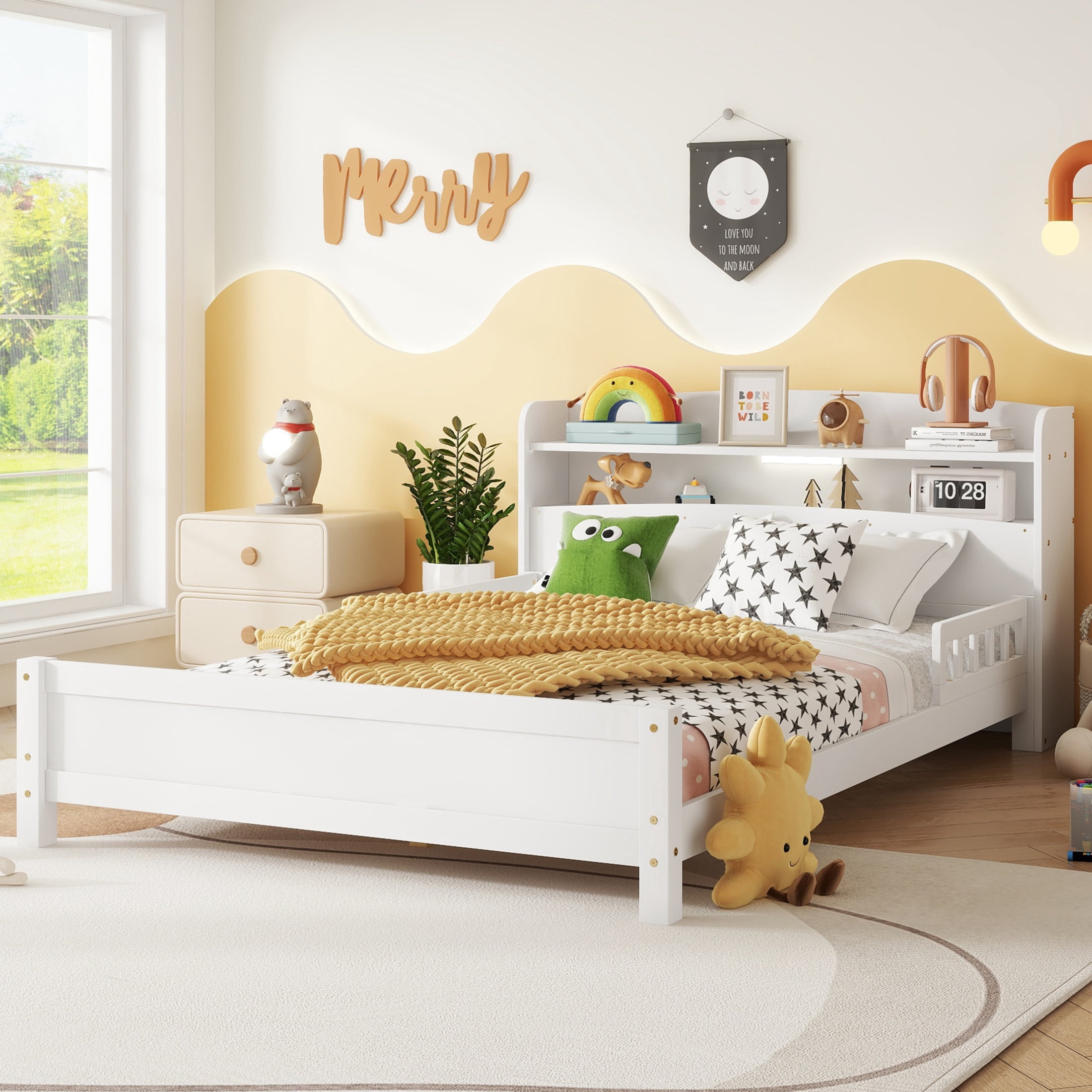 Noble House Elen Full Bed with Bookcase Headboard and LED  Sensor Light, Pine Wood Bed, Kid's Room, White