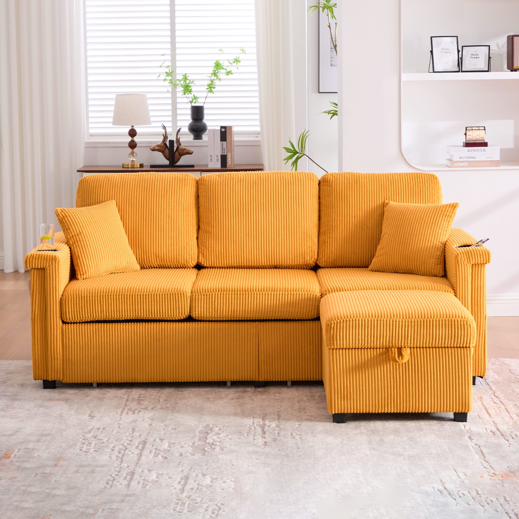 Noble House Elena 4-Seater L-Shaped Corduroy Sectional Sofa with Pull-Out Storage, Ottoman for Living Room, Mustard Yellow