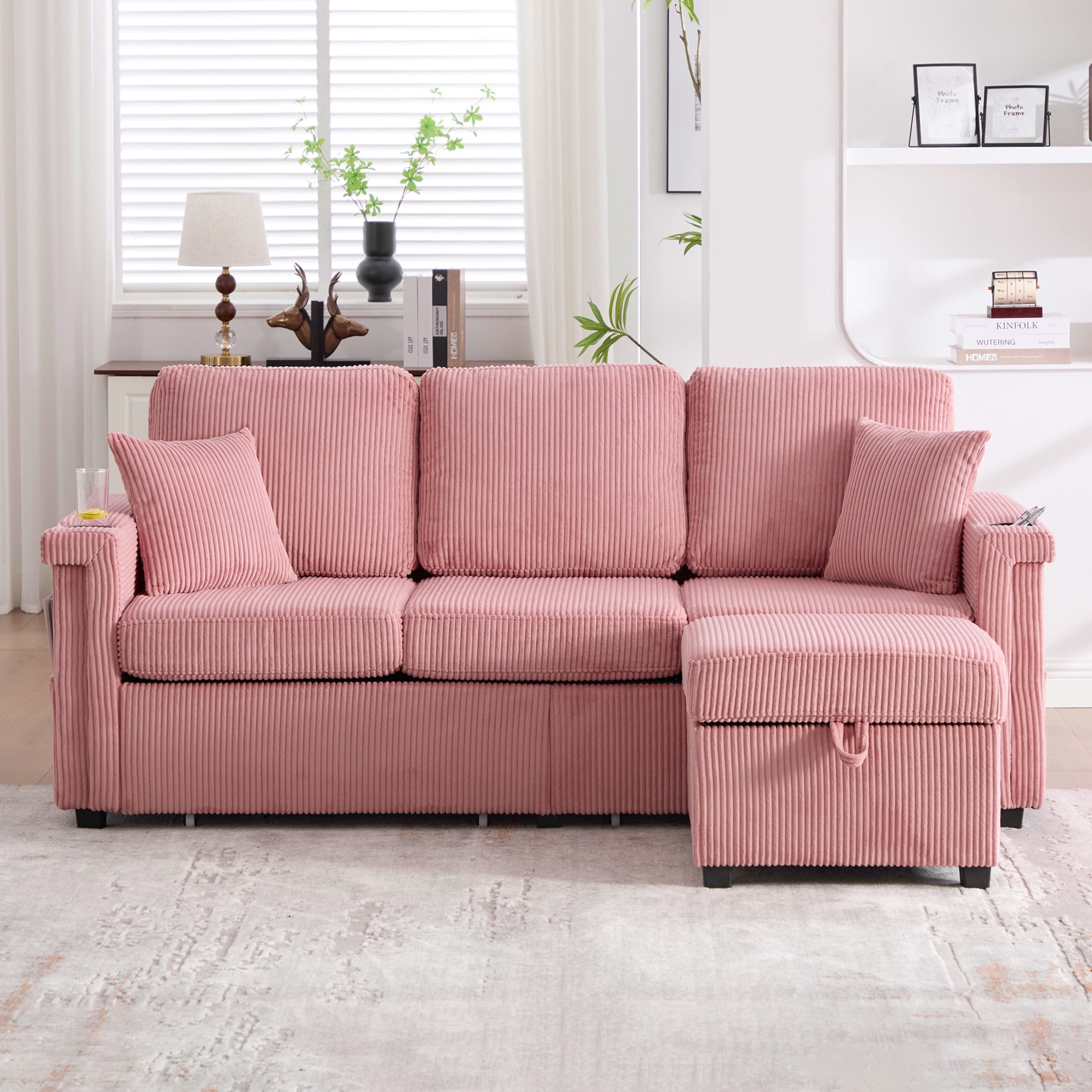 Noble House Elena 4-Seater L-Shaped Corduroy Sectional Sofa with Pull-Out Storage, Ottoman for Living Room, Pink
