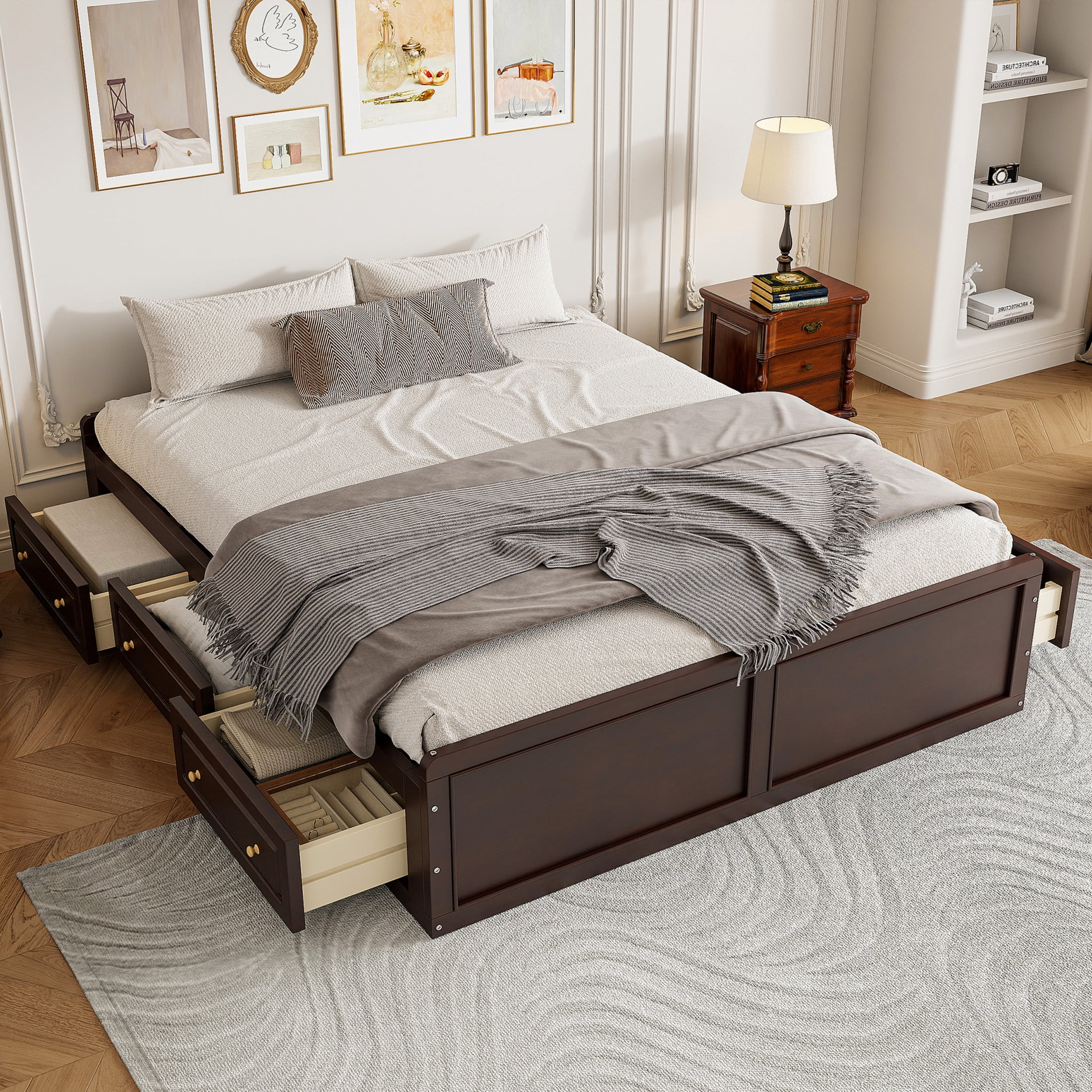 Noble House Elfield Queen Size Wood Platform Bed Frame with Storage Drawers, Solid Wood Slat Support, Espresso