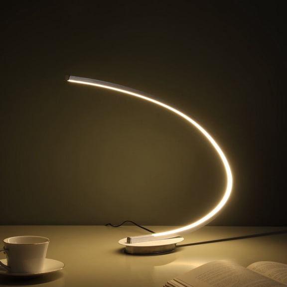 Noble House Eli 16" LED Arc Tube Table Lamp, Brushed Silver, Integrated Desk Lamp for Living Room, Silver