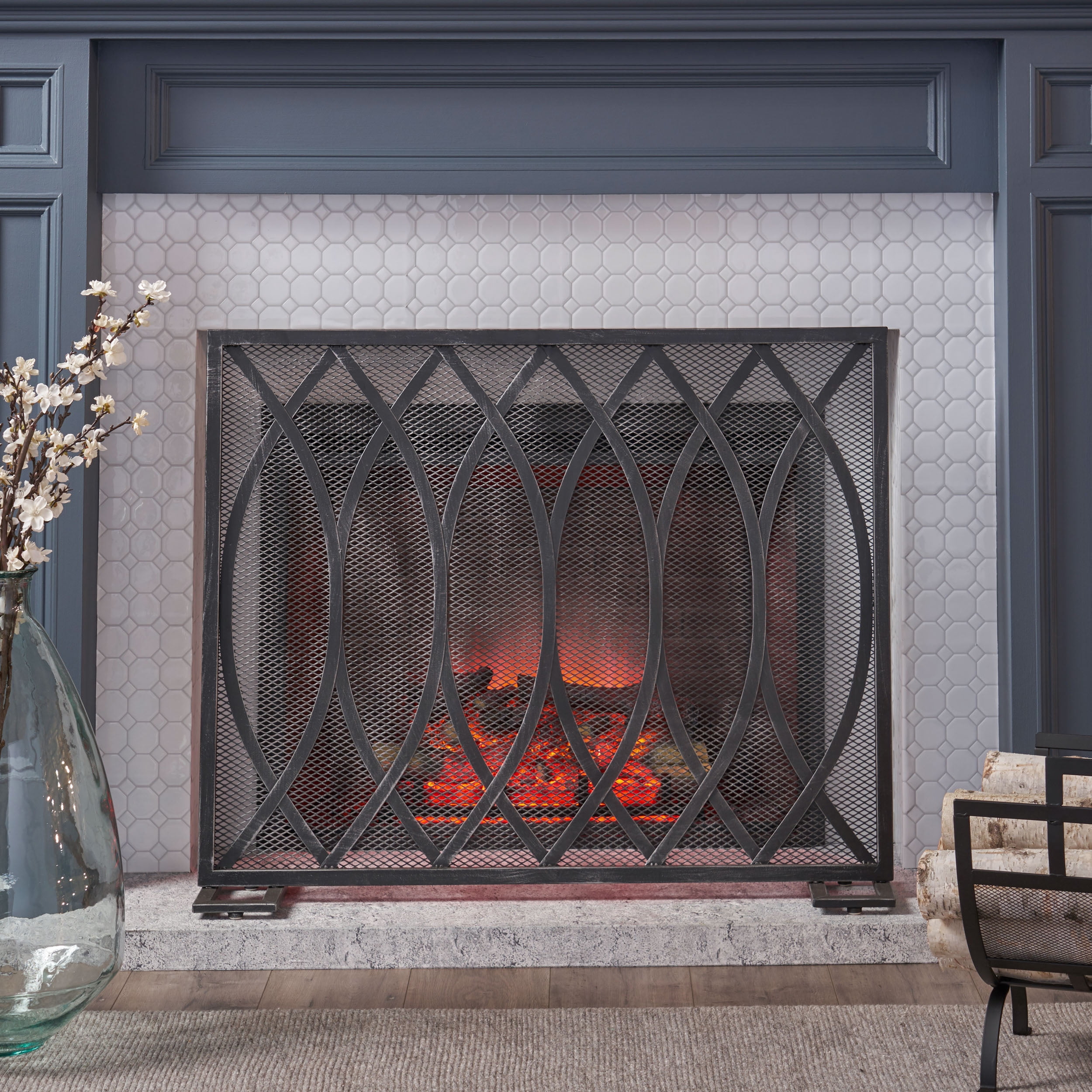 Noble House Elianna Modern Single Panel Iron Firescreen, Black Brushed ...