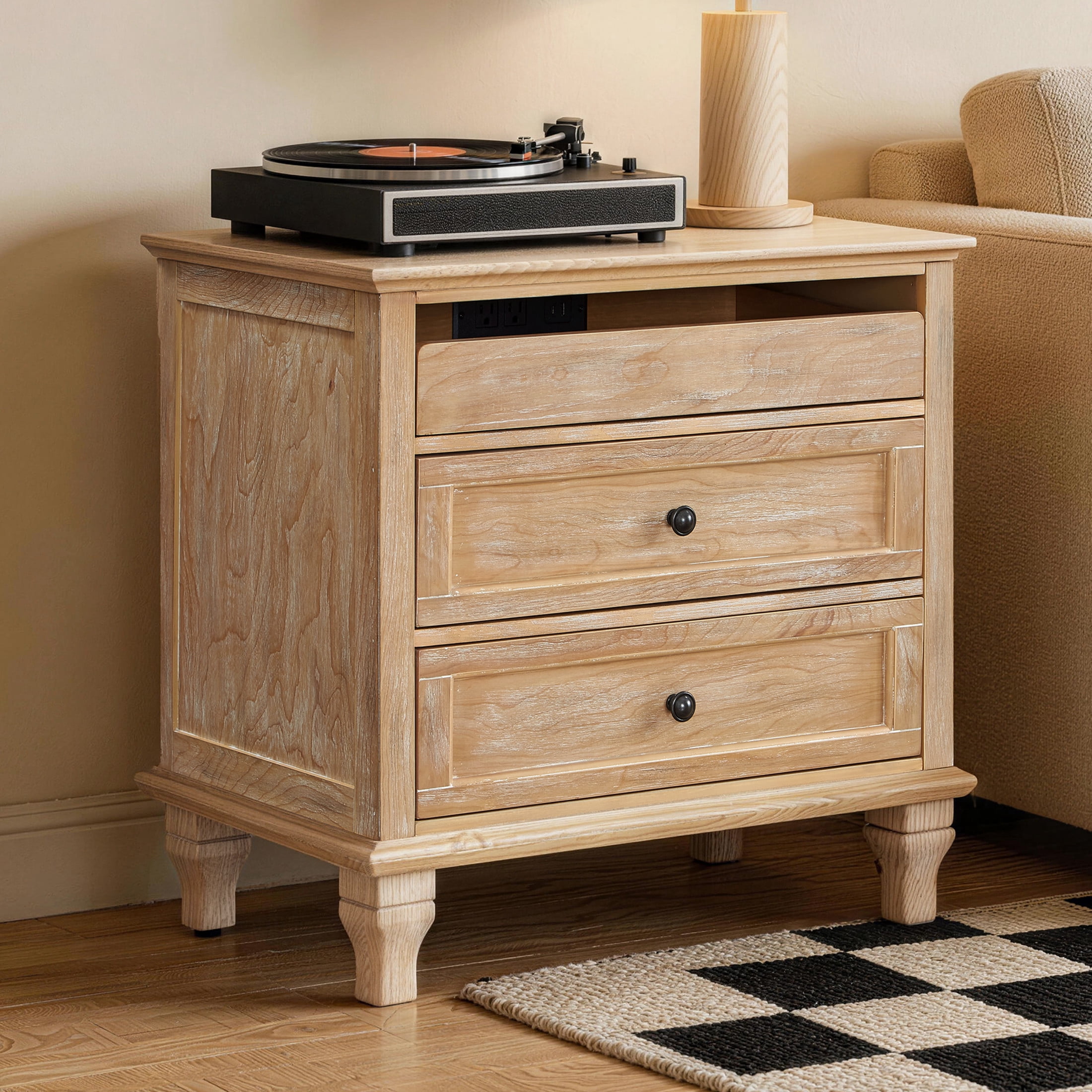 Noble House Elijah 28" Farmhouse Wood Nightstand with Charging Station, 3-Drawer Bedside End Table for Bedroom, Natural