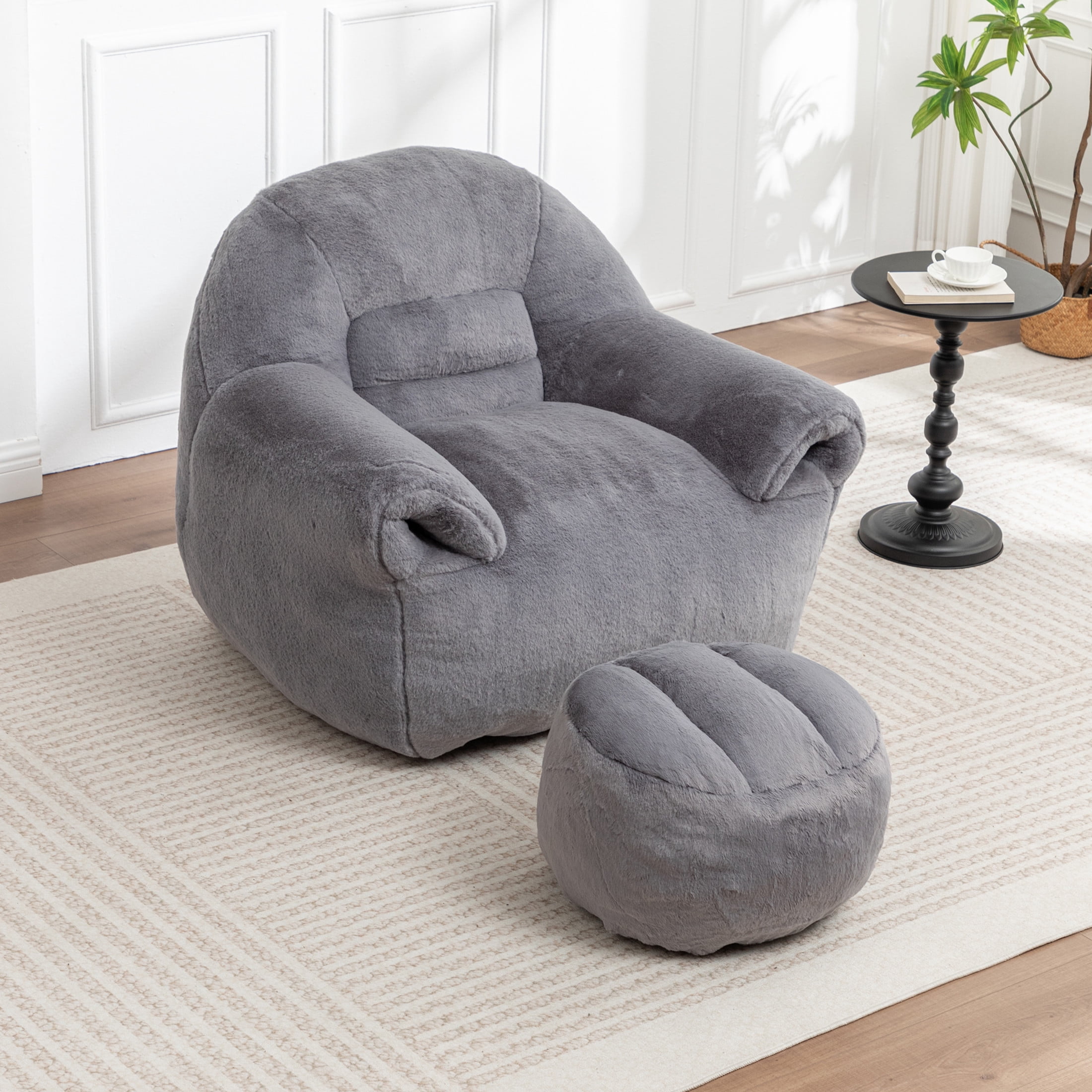 Noble House Elijah Faux Fur Bean Bag Chair with Ottoman Set, Comfy Stuffed Floor Lounge Sofa with Back Support, Dark Gray