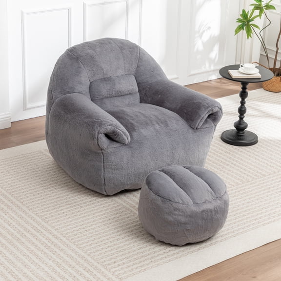 Noble House Elijah Faux Fur Bean Bag Chair with Ottoman Set, Comfy Stuffed Floor Lounge Sofa with Back Support, Dark Gray