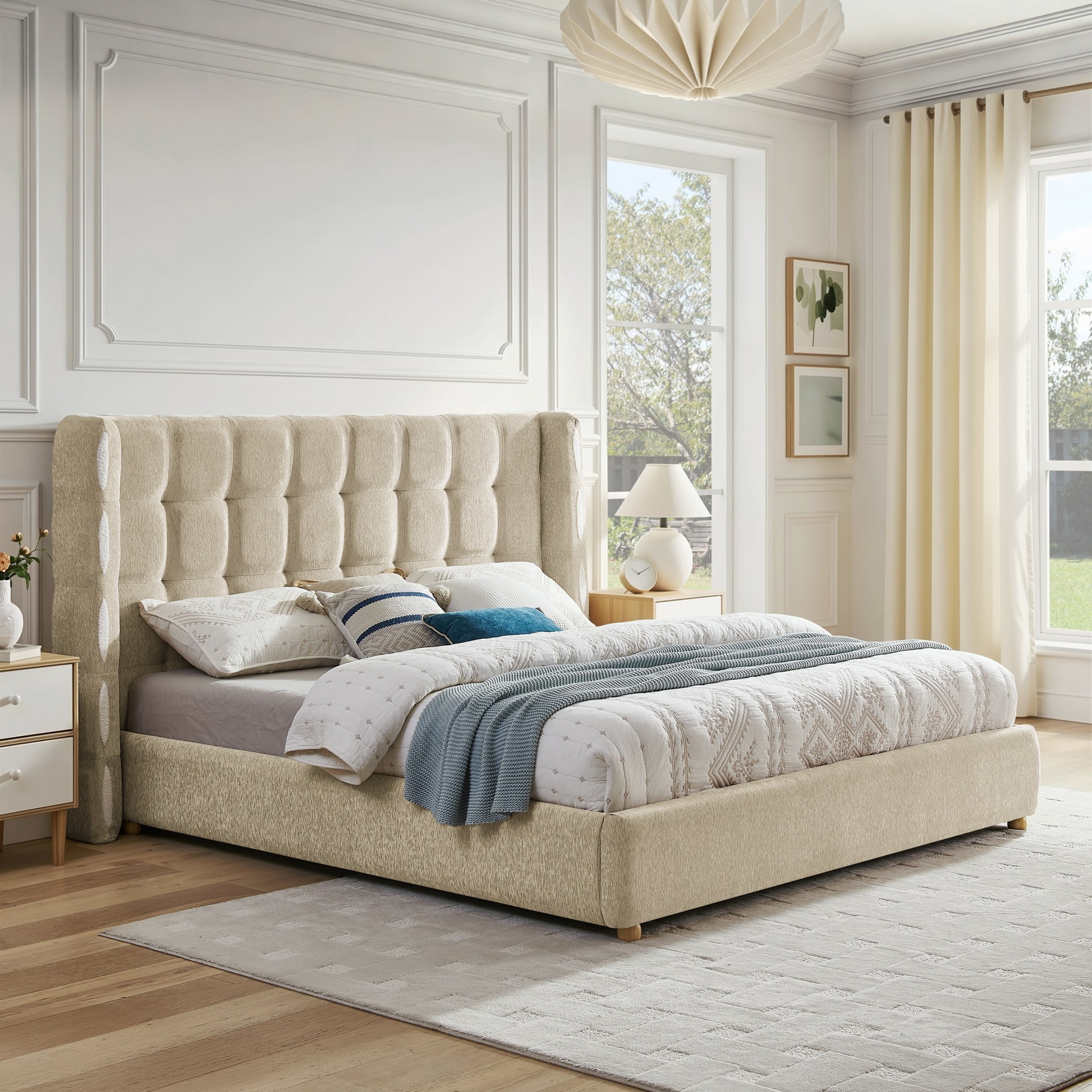 Noble House Elite King Size Upholstered Platform Bed with Removable Chenille Wingback and Under-Bed Storage, Khaki