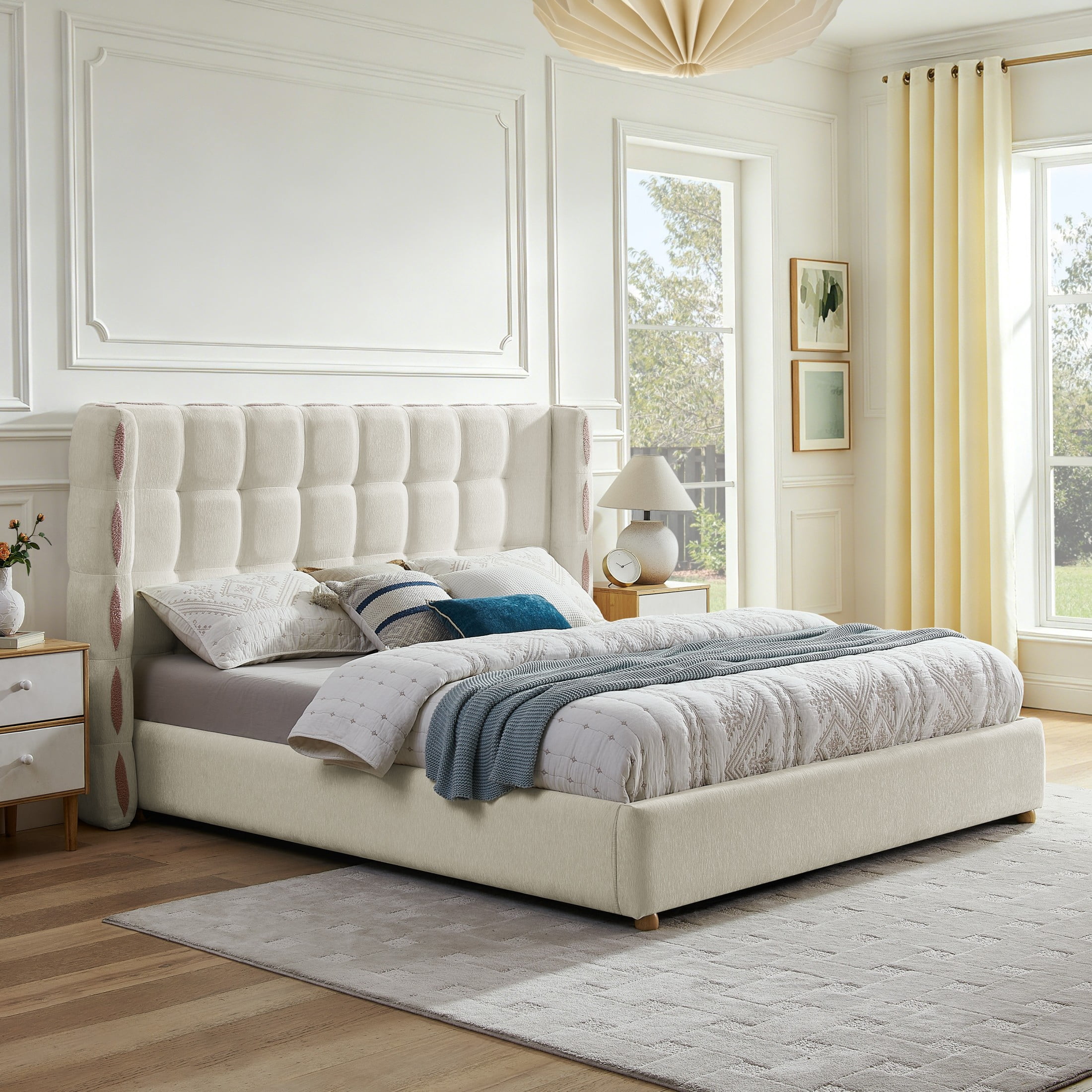 Noble House Elite King Size Upholstered Platform Bed with Removable Chenille Wingback and Under-Bed Storage, White