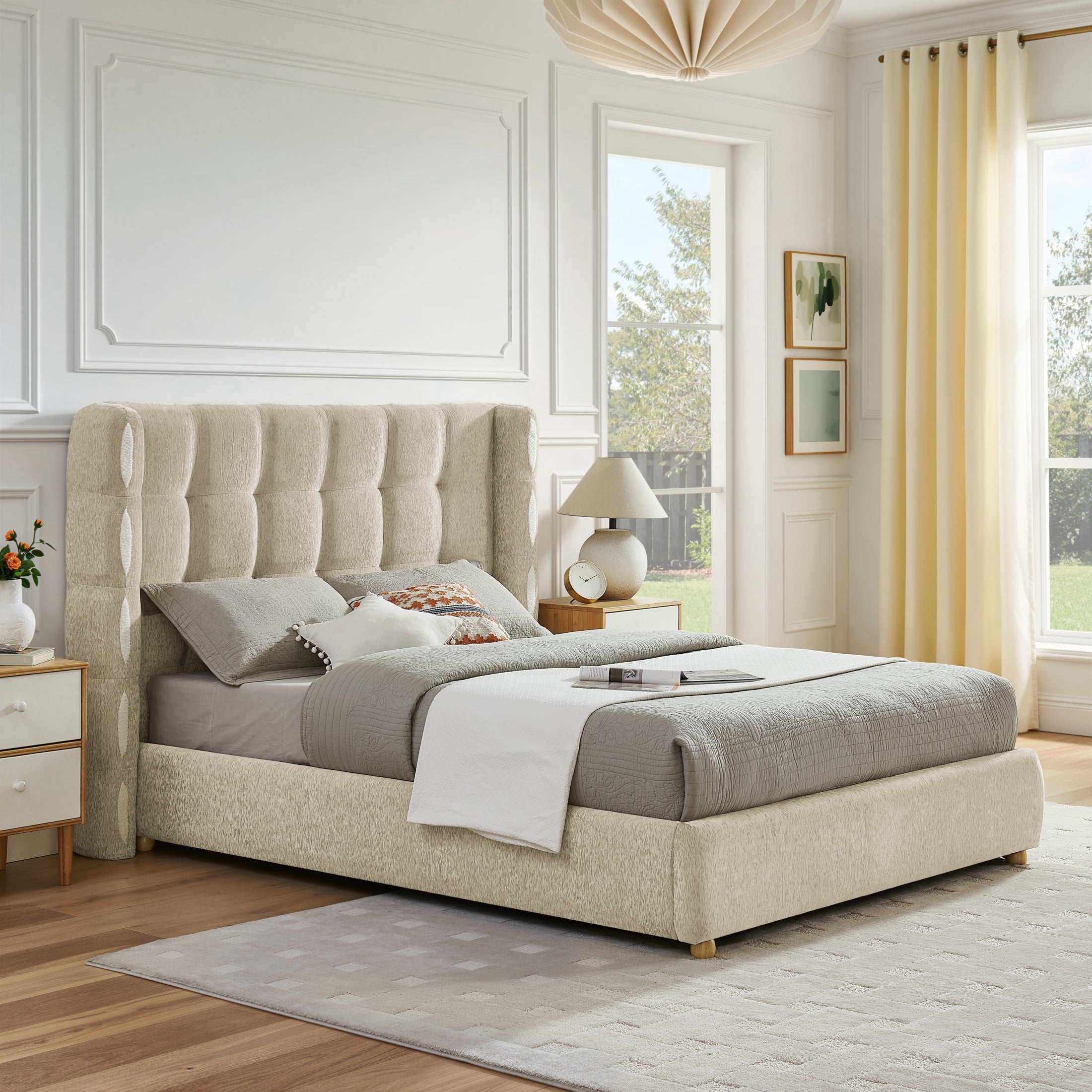 Noble House Elite Queen Size Upholstered Platform Bed with Removable Chenille Wingback and Under-Bed Storage, Khaki