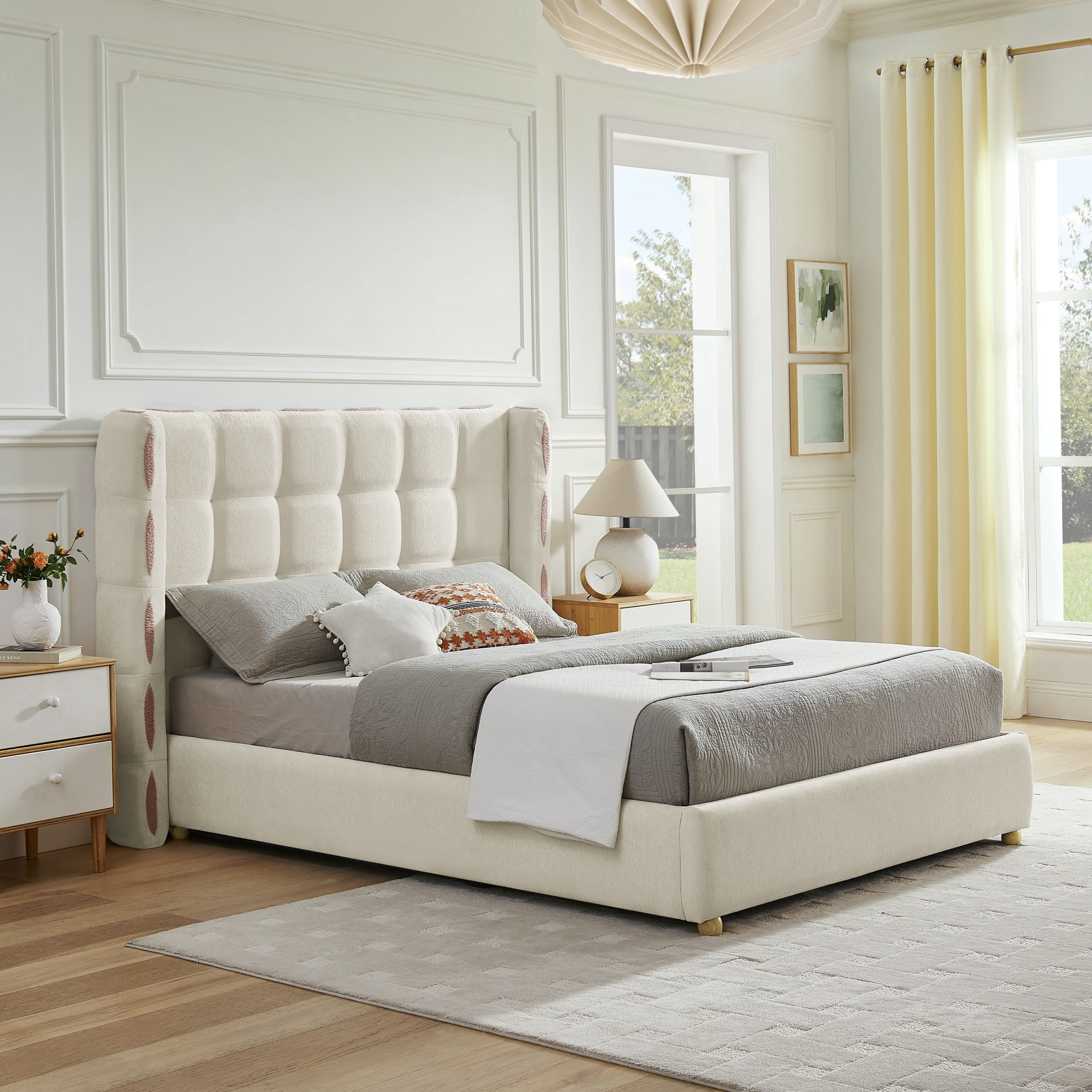 Noble House Elite Queen Size Upholstered Platform Bed with Removable Chenille Wingback and Under-Bed Storage, White