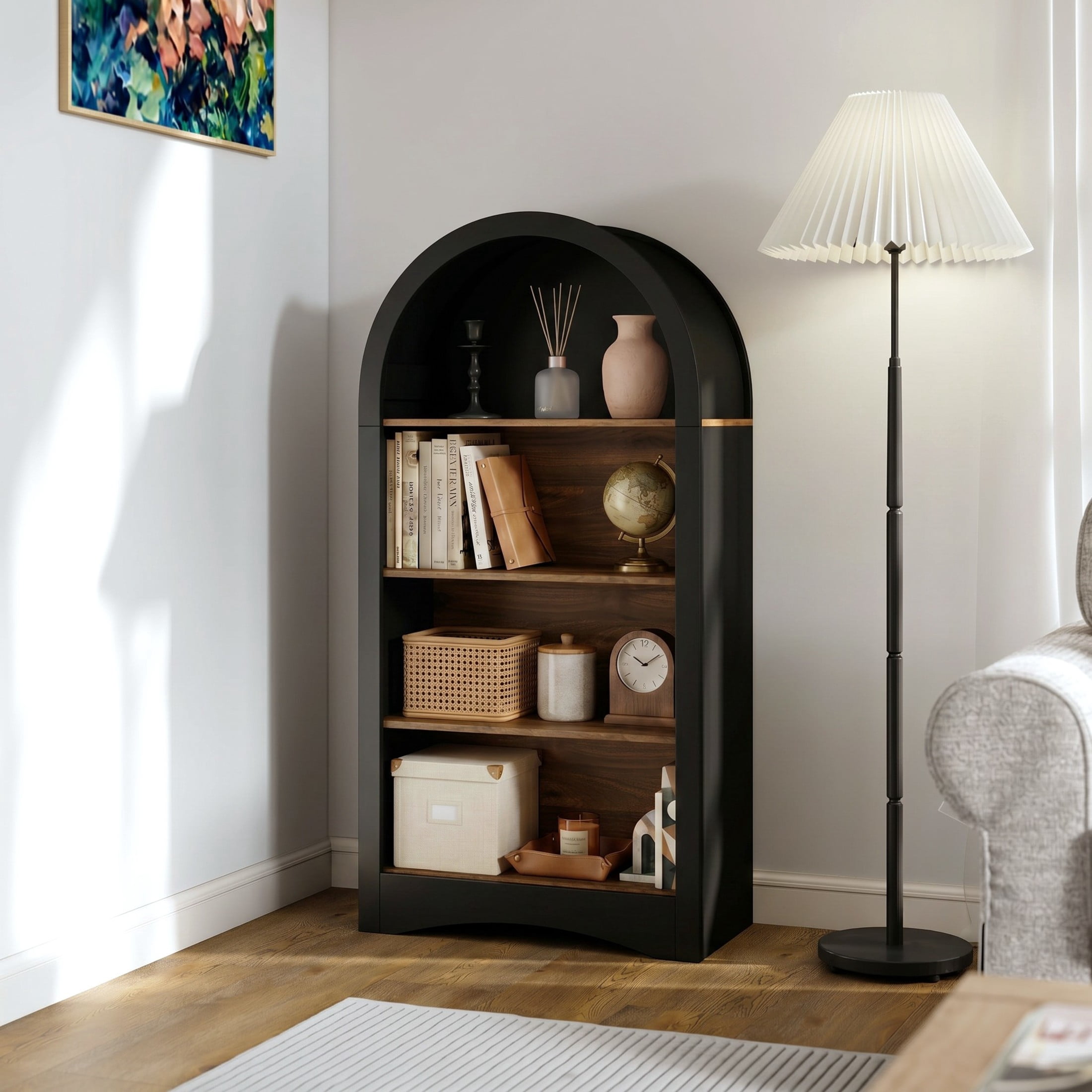 Noble House Eliver Freestanding Arched Storage Bookcase & Display Rack, Accent Space-Saving 4-Tier Open Shelf, Black