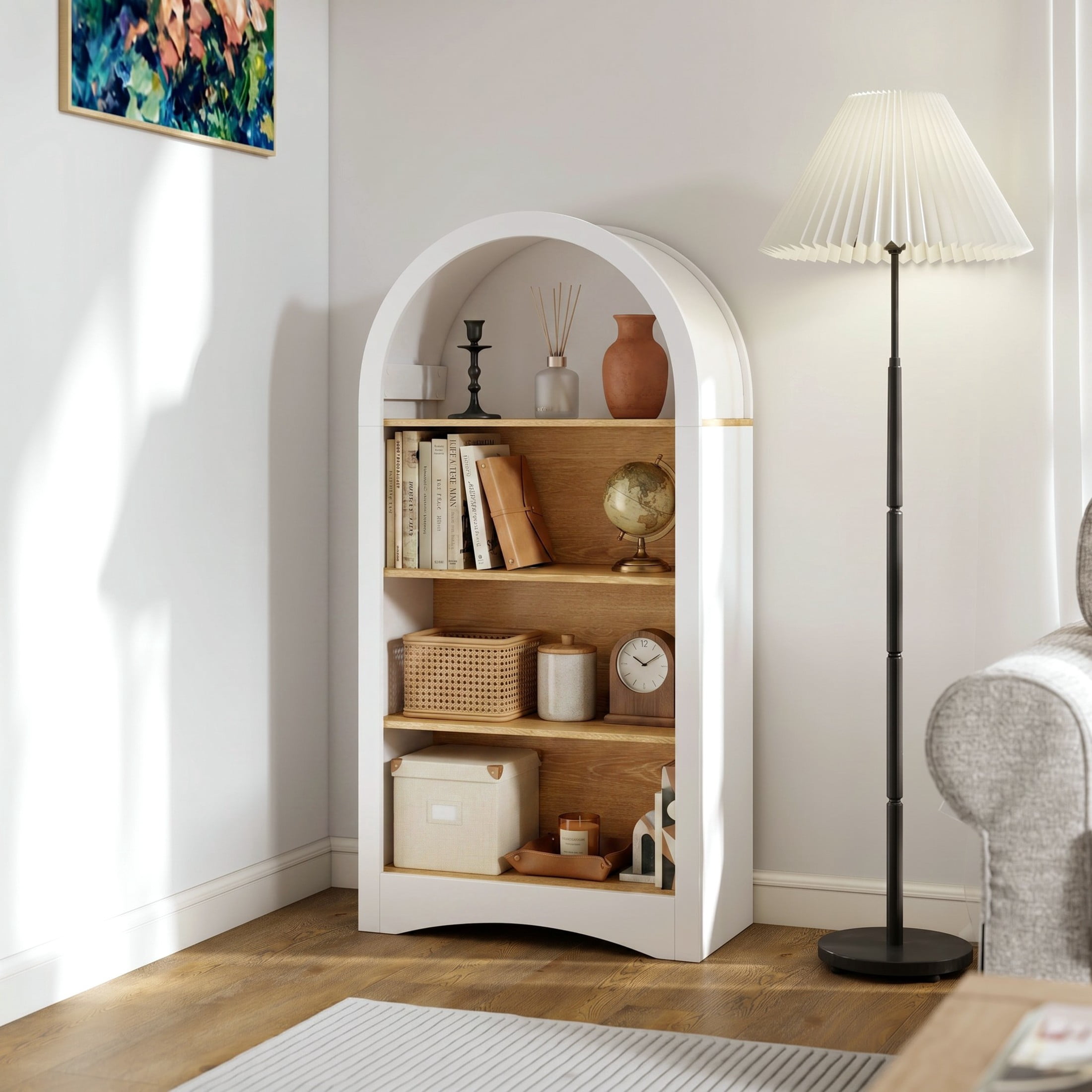 Noble House Eliver Freestanding Arched Storage Bookcase & Display Rack, Accent Space-Saving 4-Tier Open Shelf, White