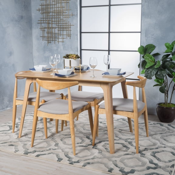 Noble House Eliza Light Grey Fabric and Oak Wood Dining Set