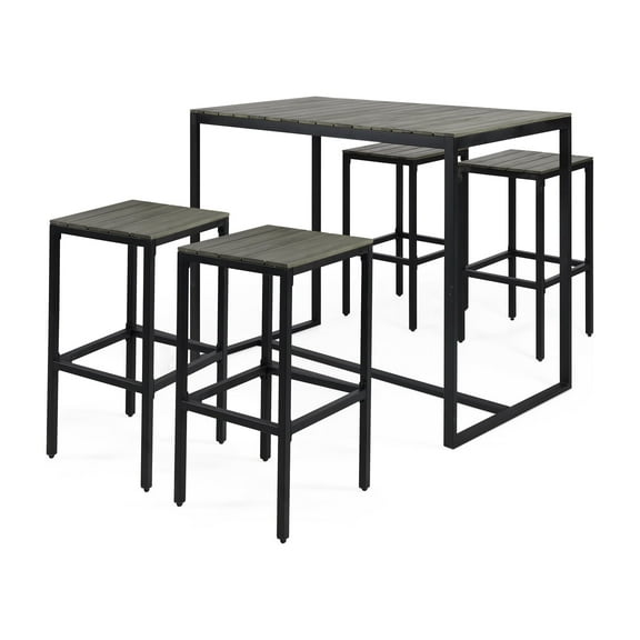 Noble House Elkhart Outdoor 4-Seater Acacia Wood Bar Set Gray/Black