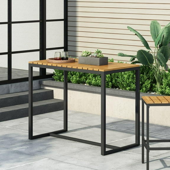 Noble House Elkhart Outdoor Modern Acacia Wood Bar Table Teak and Black