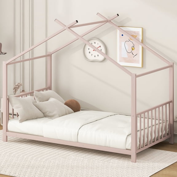Noble House Ella Twin Metal House Bed, Modern Minimalist Playhouse Bed Frame with Wood Slats, for Kids, Pink