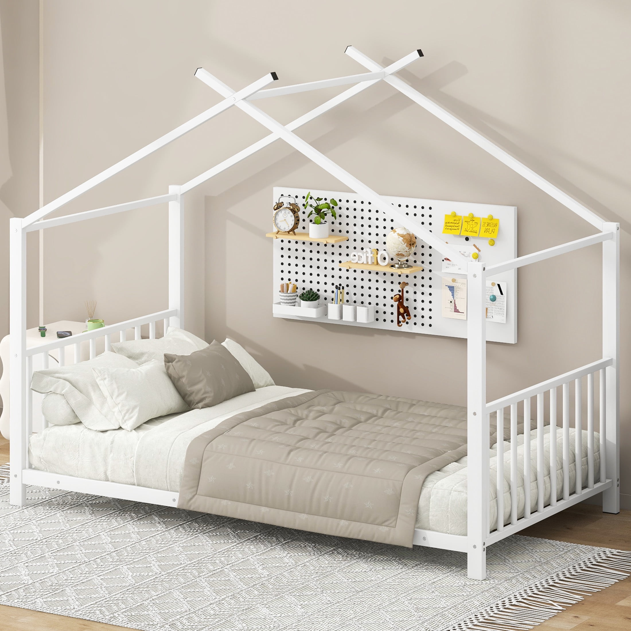 Noble House Ella Twin Metal House Bed, Modern Minimalist Playhouse Bed Frame with Wood Slats, for Kids, White