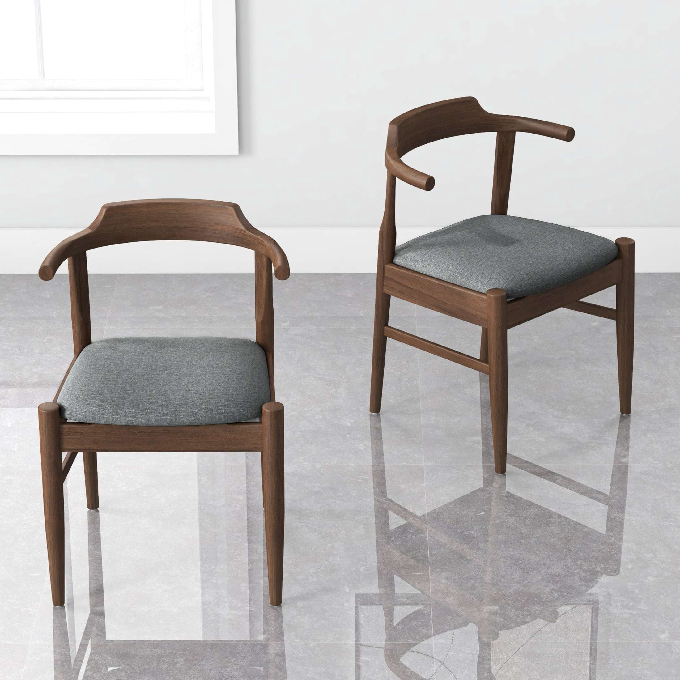 Noble House Ellery Leon Dining Chair Set, Mid-Century Modern Solid Wood Frame with Fabric Upholstery, Set of 2, Light Gray and Brown
