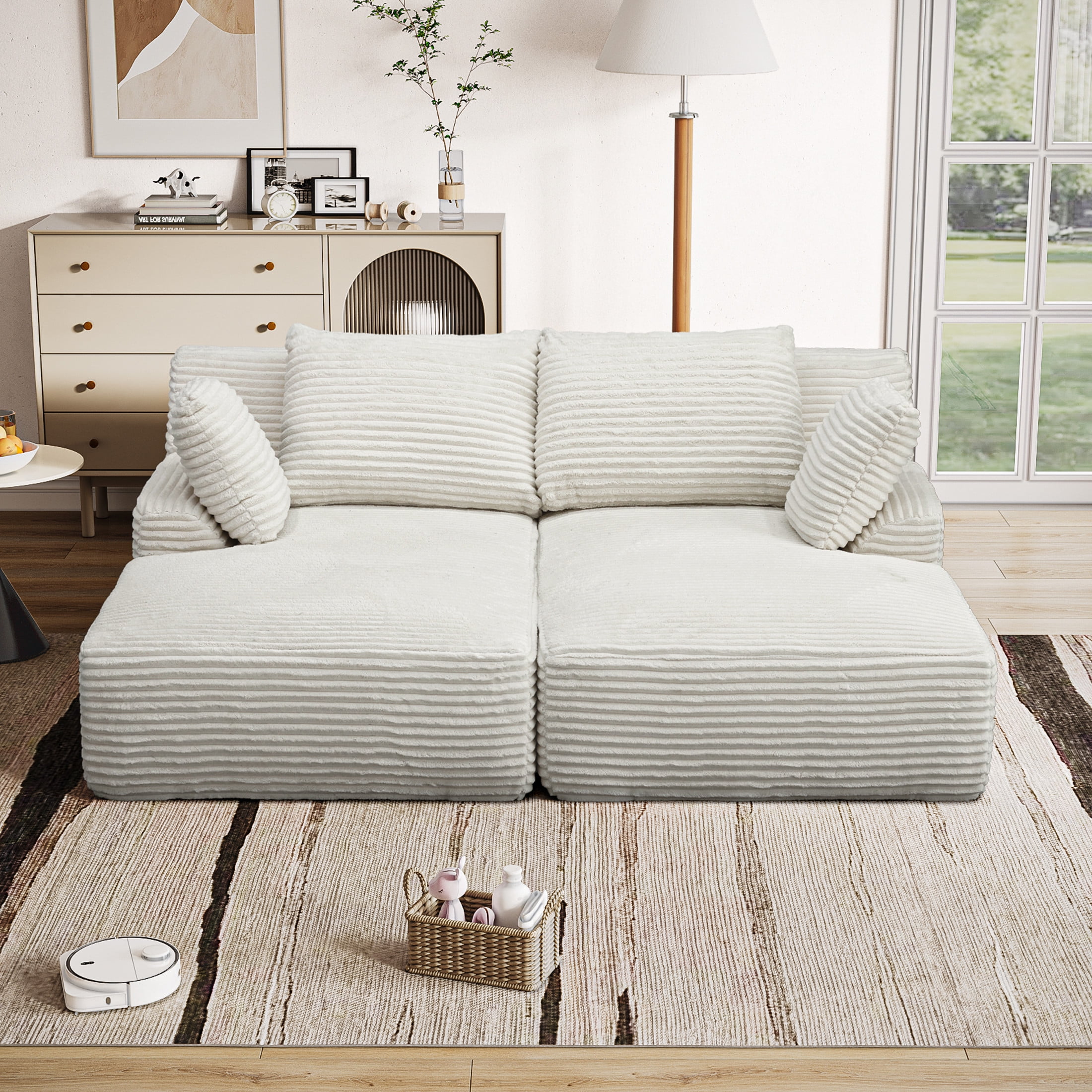 Noble House Elley 77.8" Oversized Double Chaise Lounge, Cloud Plush Corduroy Sleeper Chair with Pocket Springs, Beige