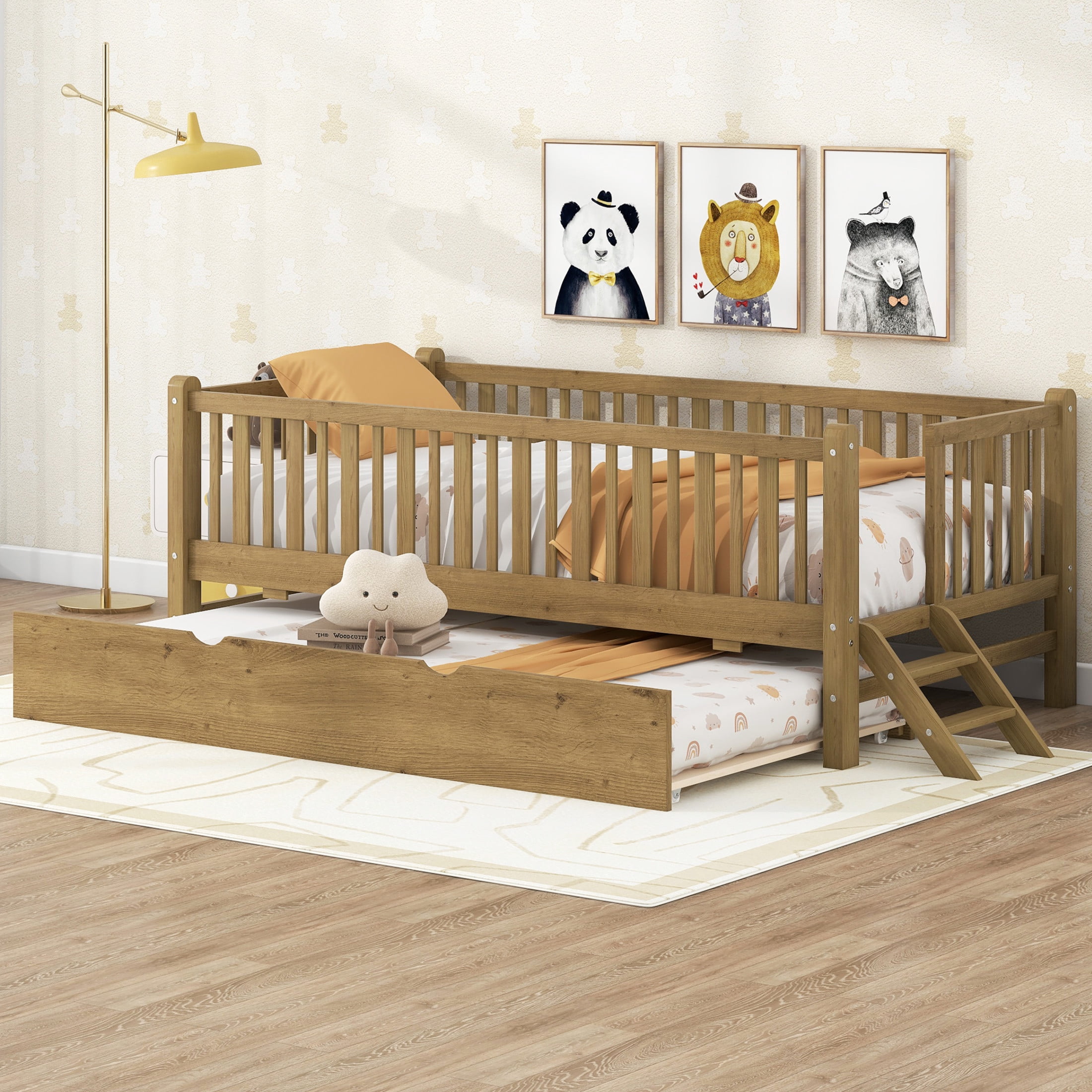Noble House Elley Twin Platform Bed, Semi-Enclosed Fence Guardrail with Pull-Out Trundle, Solid Wood Frame, Walnut